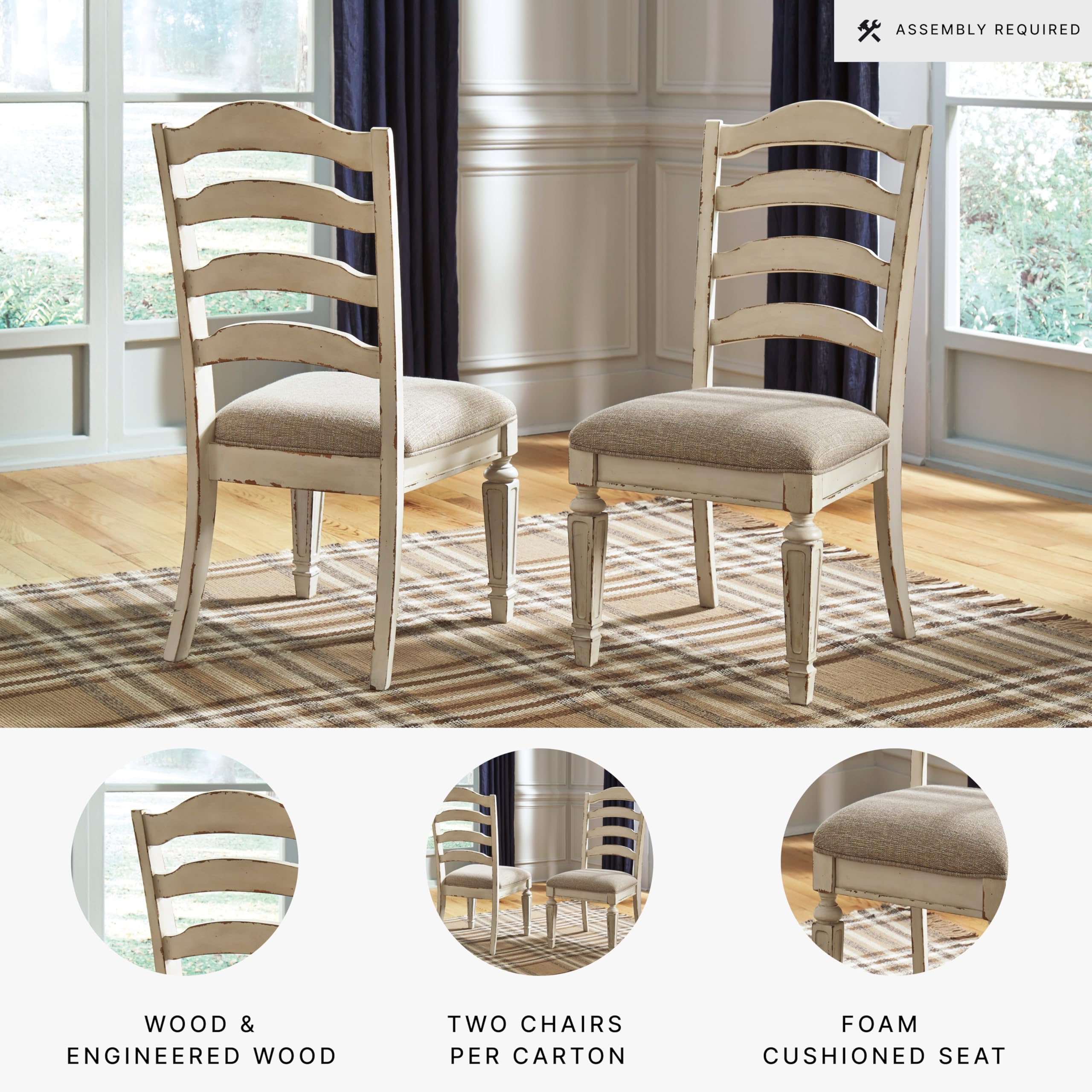 Signature Design by Ashley Realyn Upholstered Dining Chairs, Set of 2 - Antique White | Comfortable & Stylish Seating for Formal Dining Rooms, Kitchens, and Entertaining Spaces