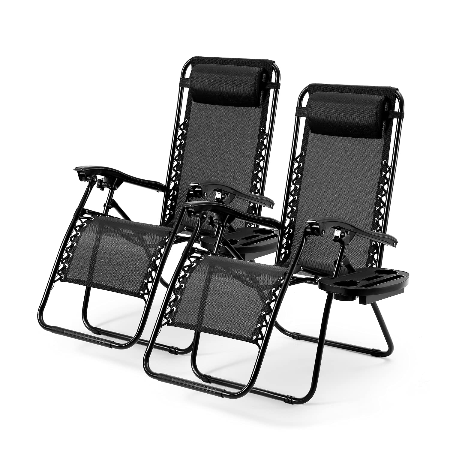 Zero Gravity Reclining Chairs Set of 2 - Adjustable Steel Mesh Lounge Chairs with Pillows & Cup Holders for Pool, Beach, Backyard, Camping - Perfect for Outdoor Relaxation, Sunbathing and Patio Lounging