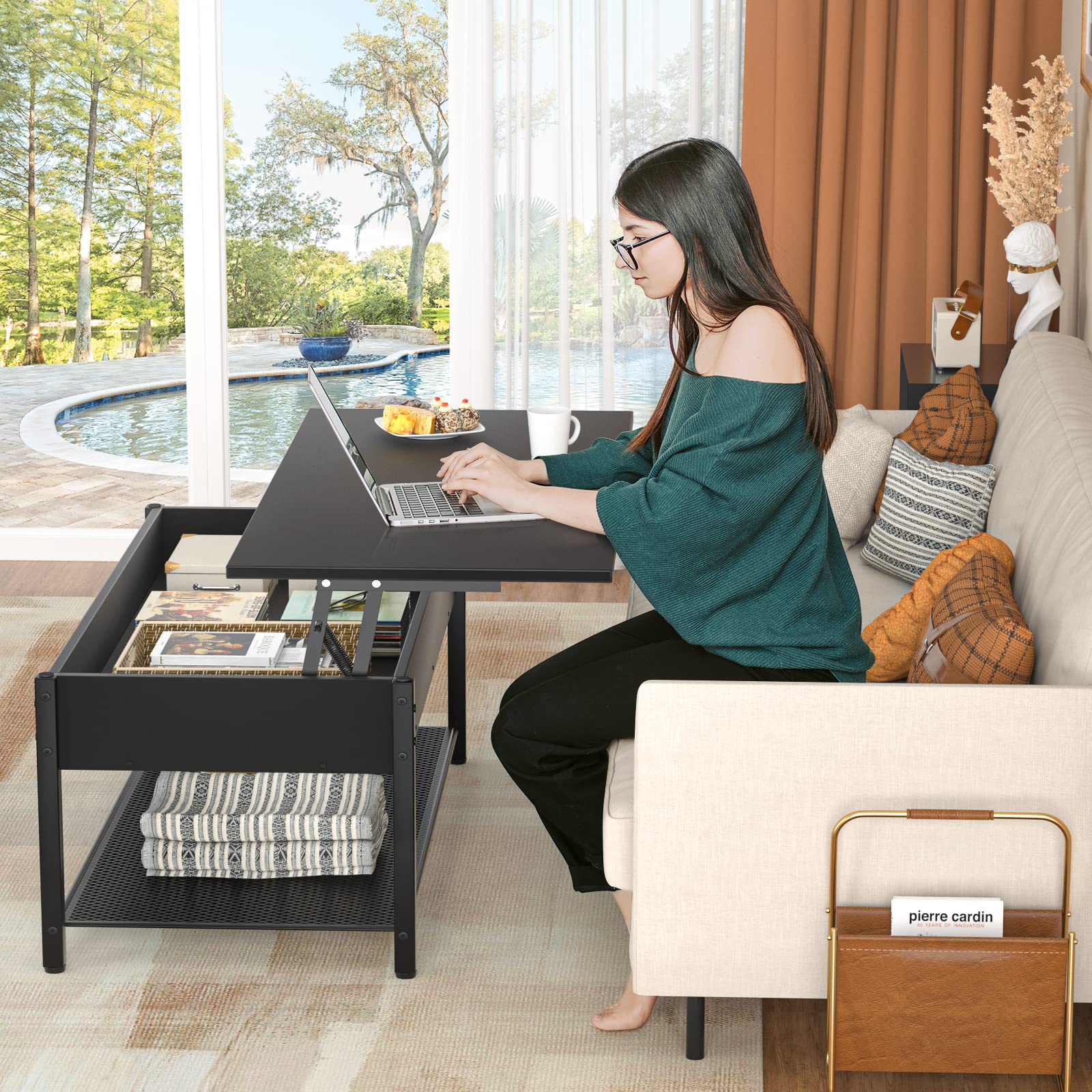 Homieasy Lift Top Coffee Table with Storage Shelf & Hidden Compartment - Modern Wood Lift Tabletop with Metal Frame for Living Room - Perfect for Small Spaces, Home Office & Entertaining Guests (Black)