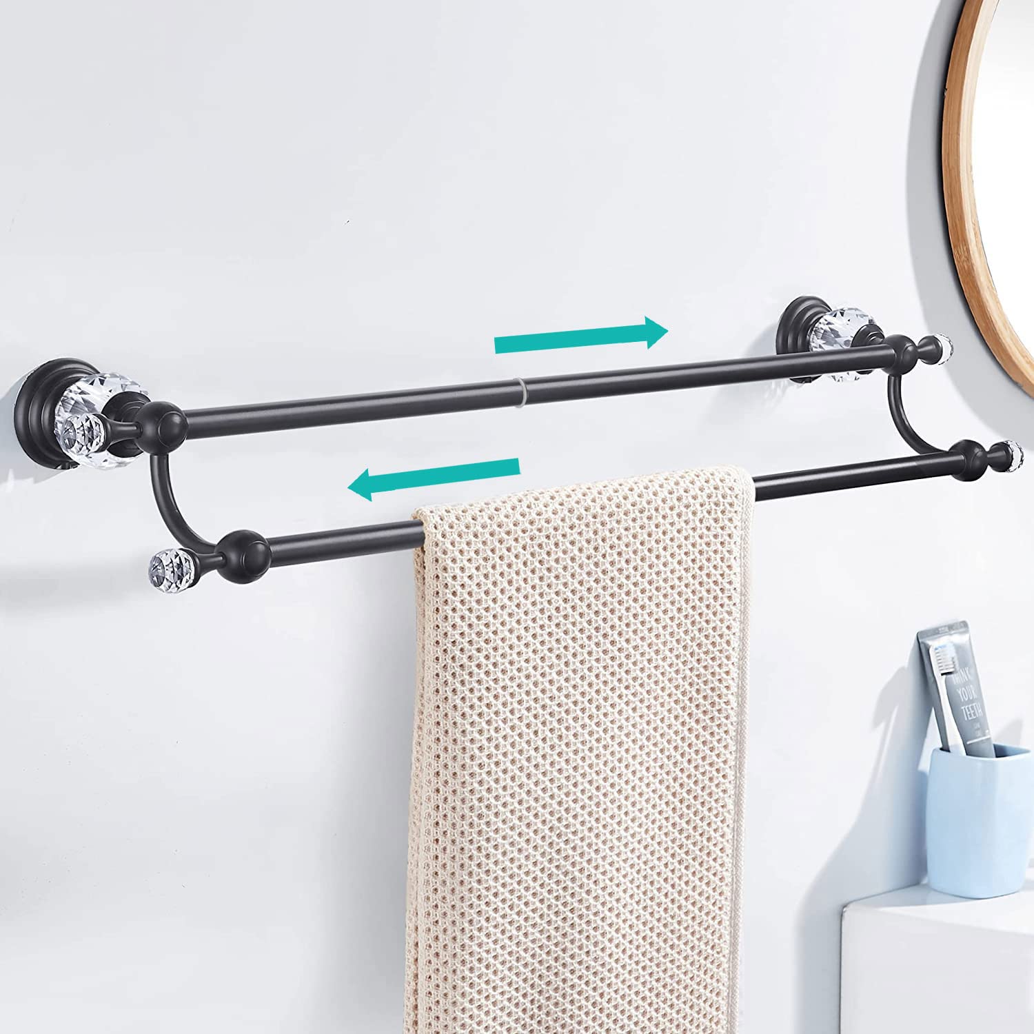WINCASE Adjustable Double Matte Black Towel Rack - Wall Mounted Bathroom Towel Holder & Hanger for Showers, Baths & Spa Decor (Crystal Design)