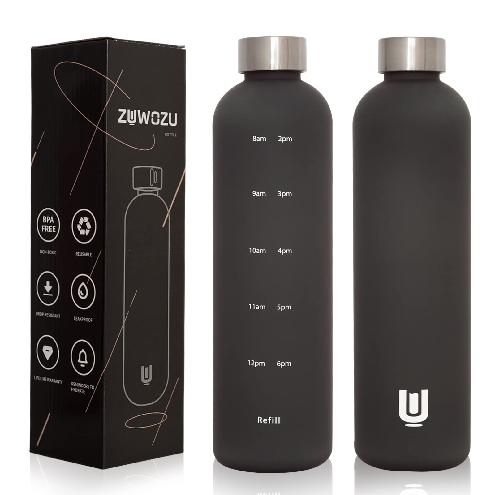 ZUWOZU Motivational Water Bottle with Time Marker - Leakproof, BPA-Free for Daily Hydration (Black)