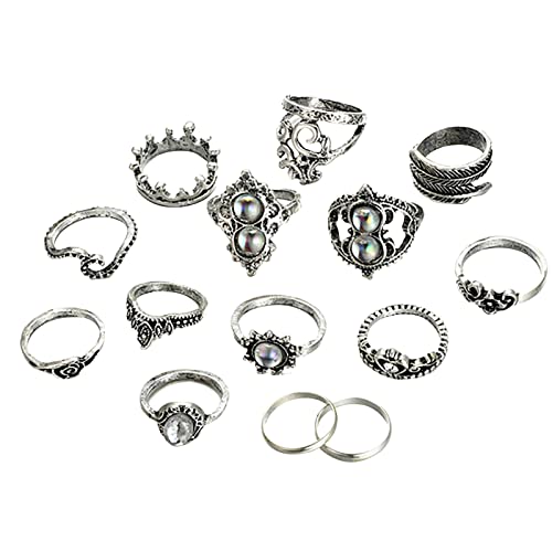 Winnerlion 14-Piece Knuckle Ring Set for Women & Men - Bohemian Vintage Silver Stacking Rings with Hollow Carved Flower Design (Blue, Silver) - Perfect for Layering, Stacking & Boho Fashion Accessories