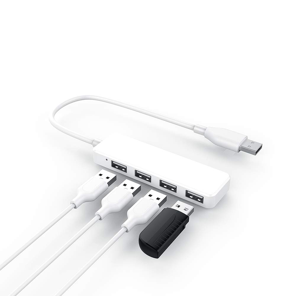 4-Port USB Hub 2.0 - Ultra Slim USB Splitter & Expander for MacBook, iMac, Windows Laptop, PC - Connect Flash Drives, External HDD, Keyboard & Mouse - Perfect for Home Office, Gaming & Travel (White)