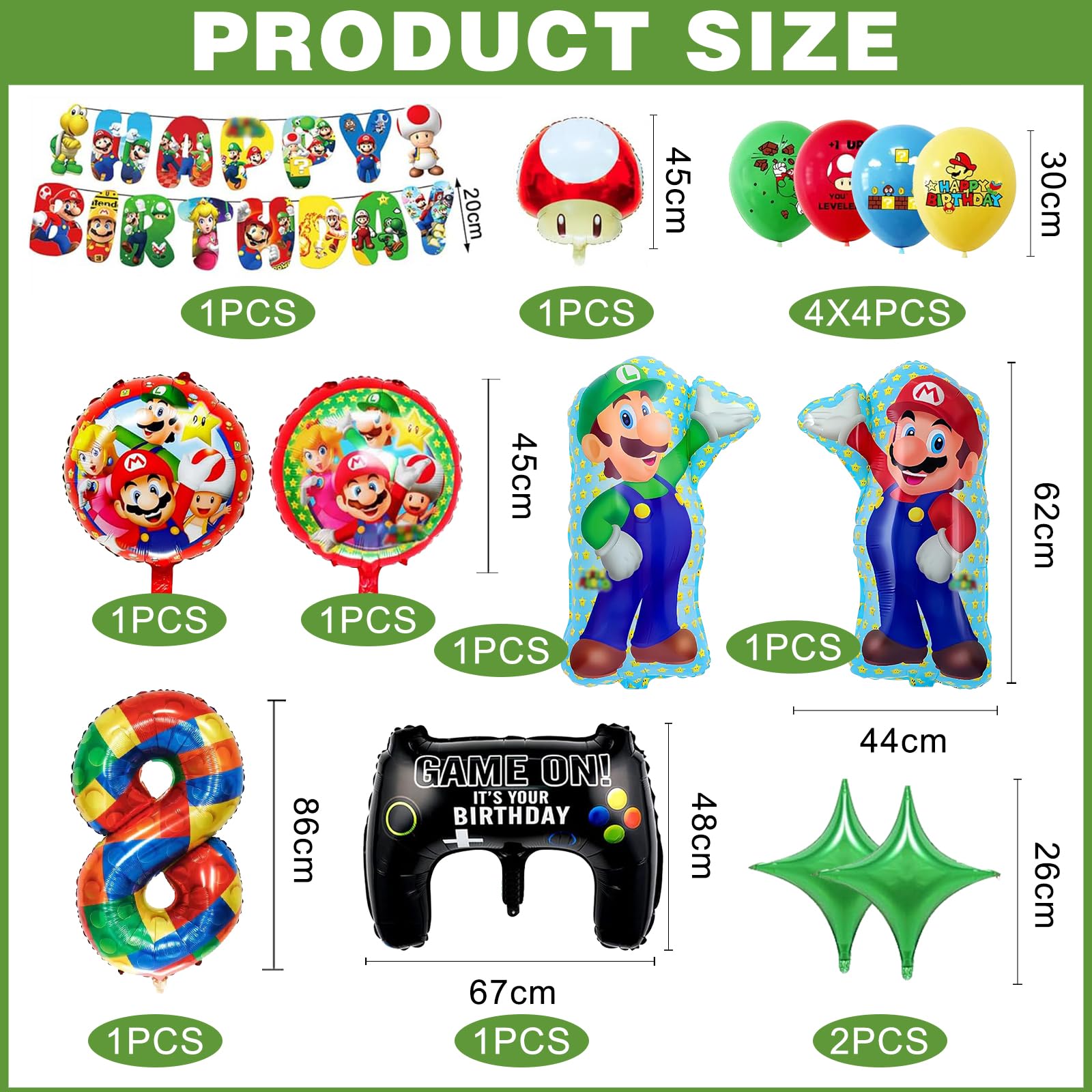 Super Mario 26-Piece Birthday Party Decorations Kit - 8th Birthday Balloon Set for Boys & Girls - Aluminum Foil Balloons, Banner & Party Supplies - Perfect for Kids' Birthday Parties, Themed Events & Mario-Themed Celebrations