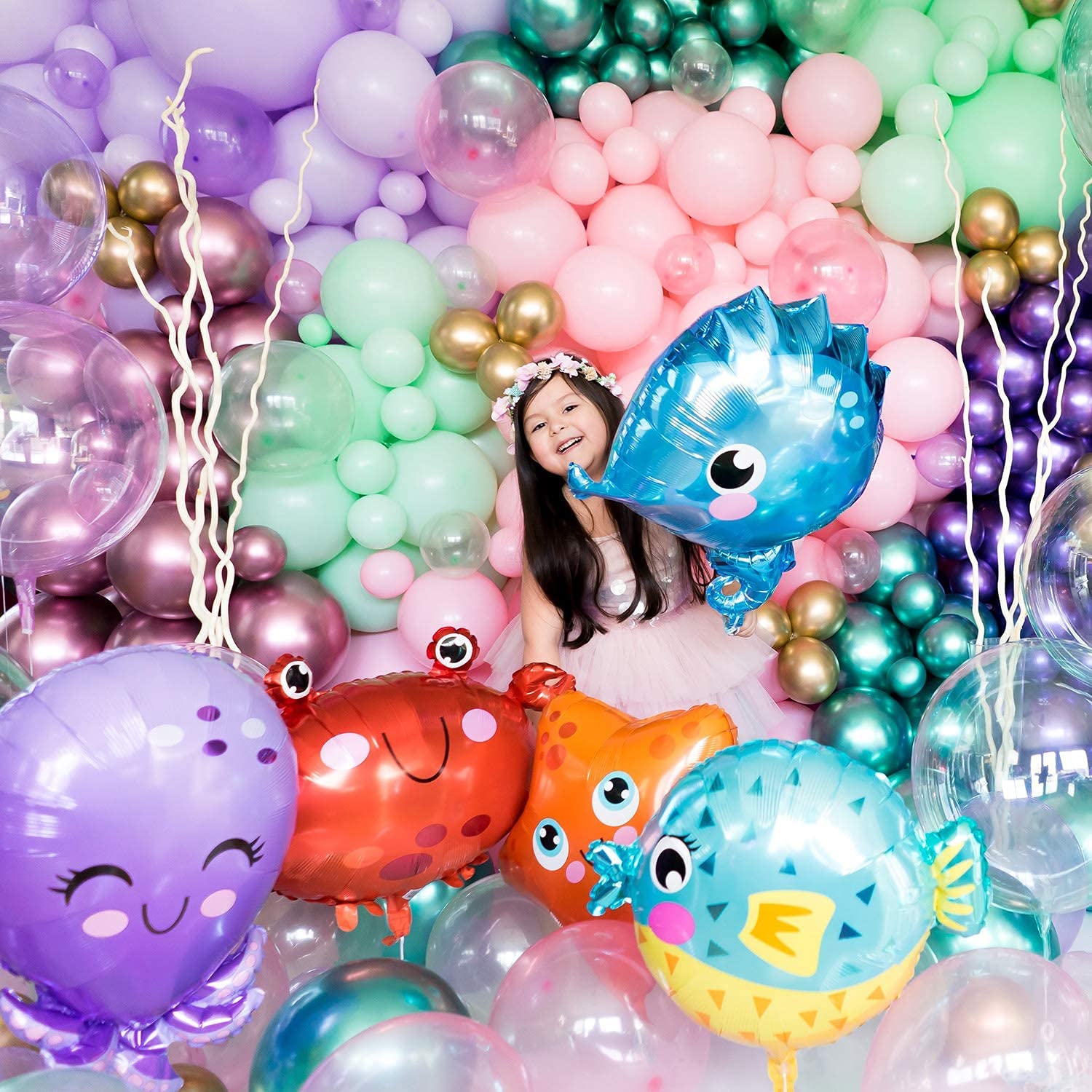 5 Pcs Ocean Animal Foil Balloons - Fish, Octopus, Starfish, Crab & Pufferfish for Kids Birthday Party, Under the Sea Theme Decorations - Perfect for Baby Showers, Pool Parties & Ocean-Themed Events