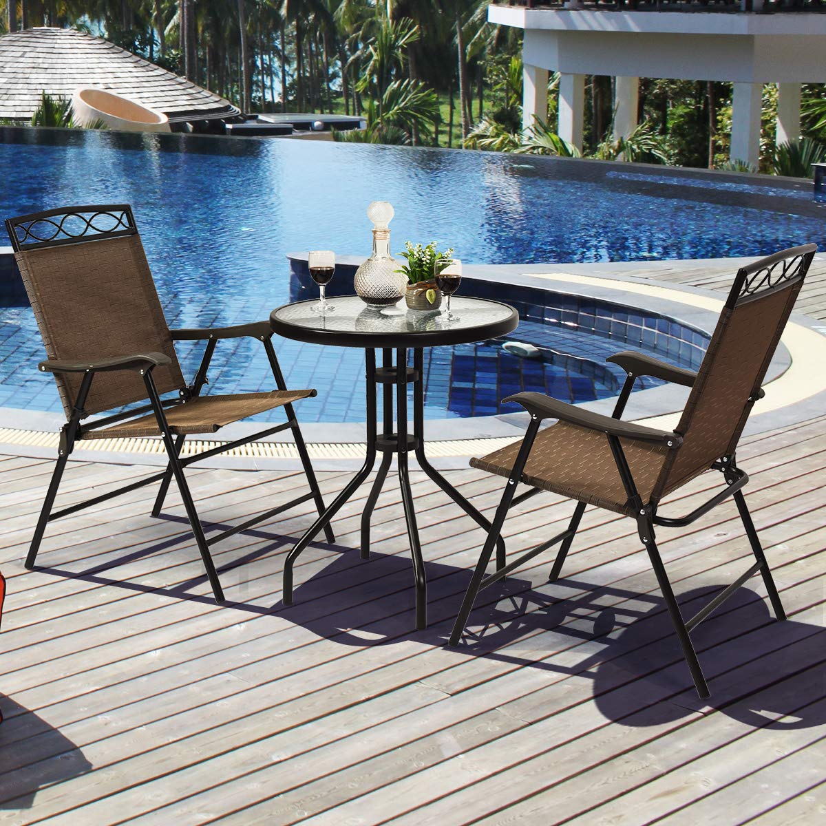 HAPPYGRILL 3-Piece Outdoor Patio Dining Set with Round Tempered Glass Table & Foldable Chairs, Garden Poolside Backyard Furniture Set with Umbrella Hole - Perfect for BBQs, Parties, and Relaxing Outdoors