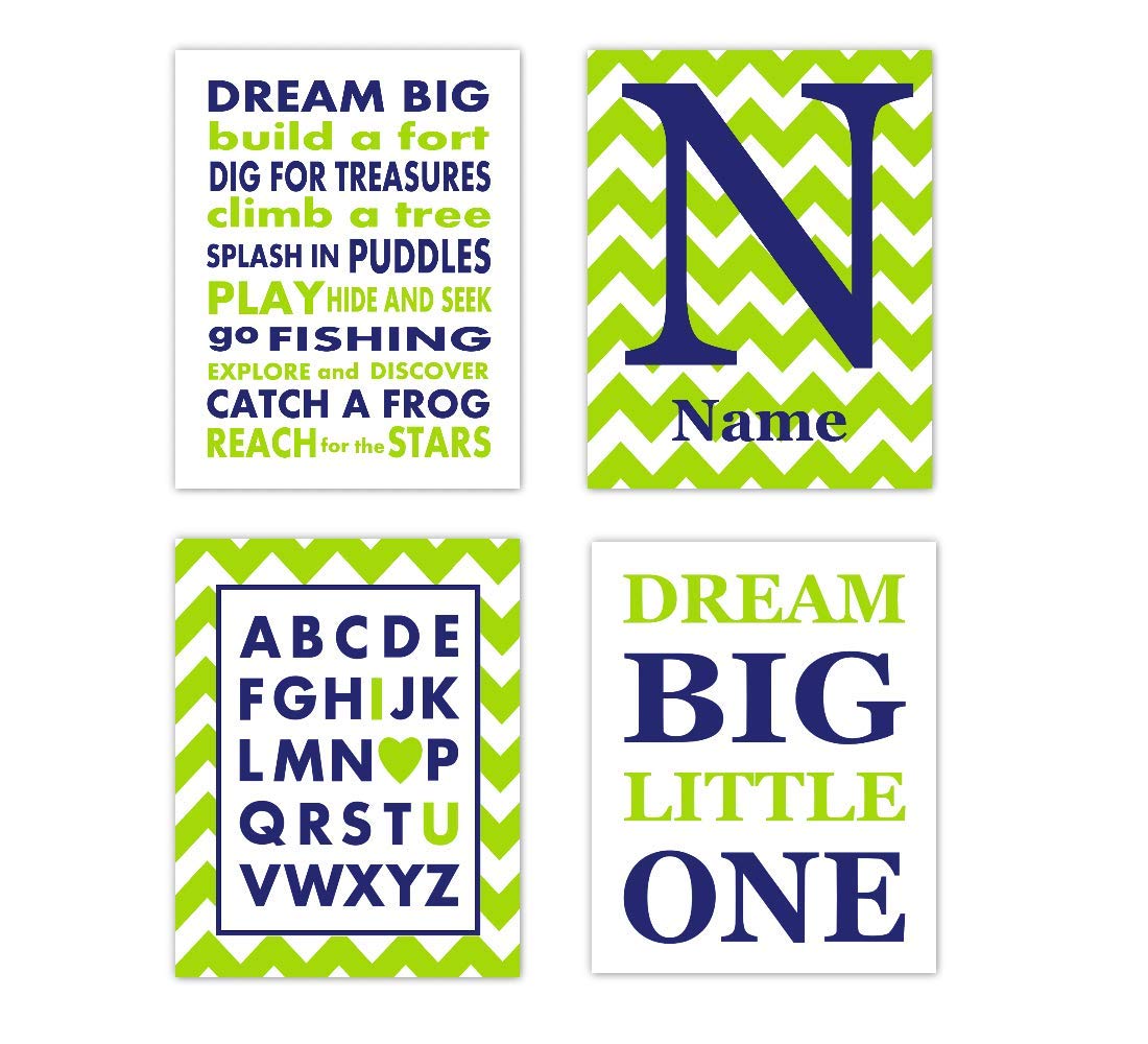 Navy Blue & Lime Green Boy Nursery Wall Art - Personalized ABC 'Dream Big' Prints - Set of 4 Unframed Baby Room Decor for Playroom & Bedroom - Perfect for Newborn Gifts & Toddler Room Design