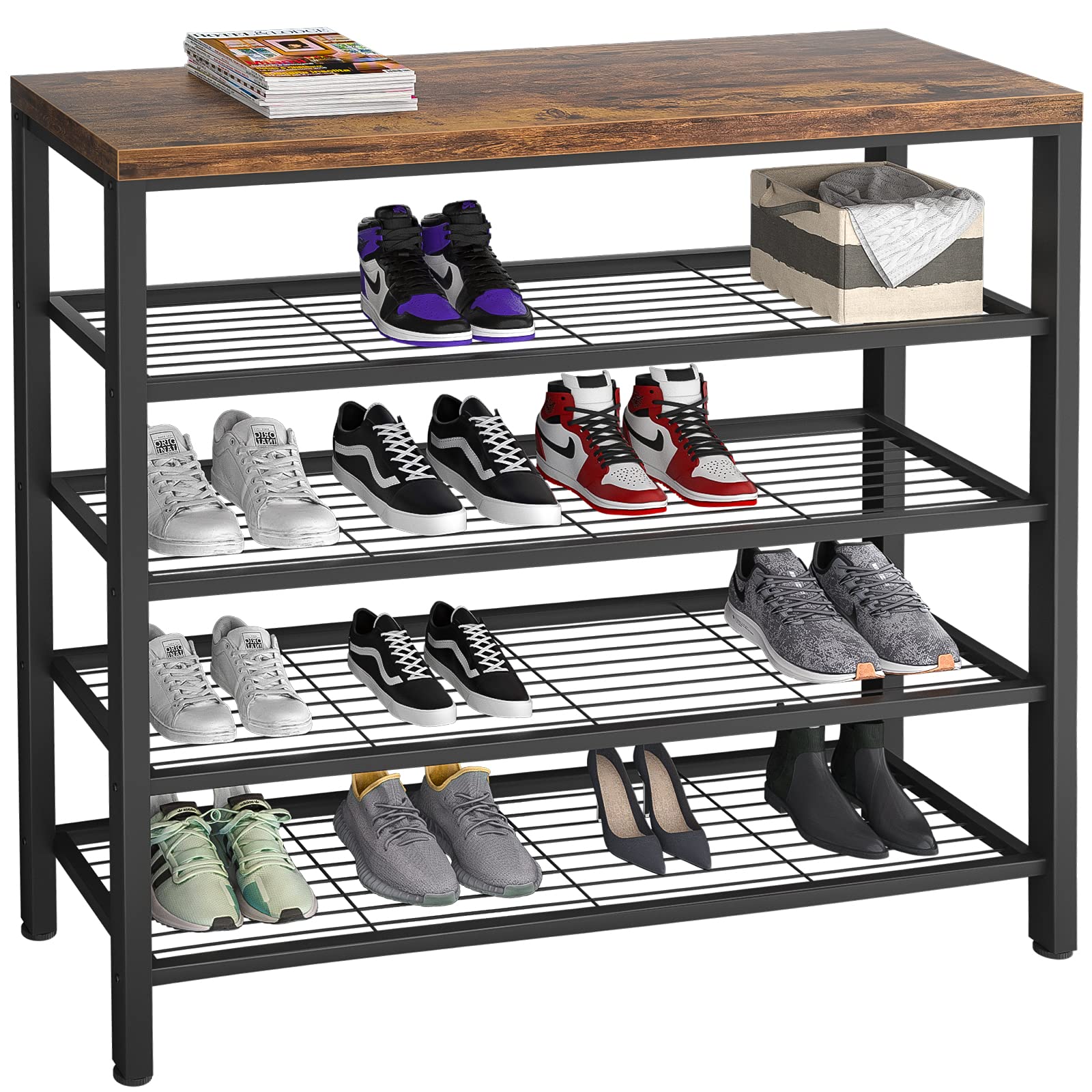 Homfio 5-Tier Industrial Shoe Rack with Wood Board - Heavy Duty Metal Shoe Storage Organizer for Entryway, Hallway, Living Room, Closet & Bedroom - Perfect for Organizing Shoes, Boots & Home Decor