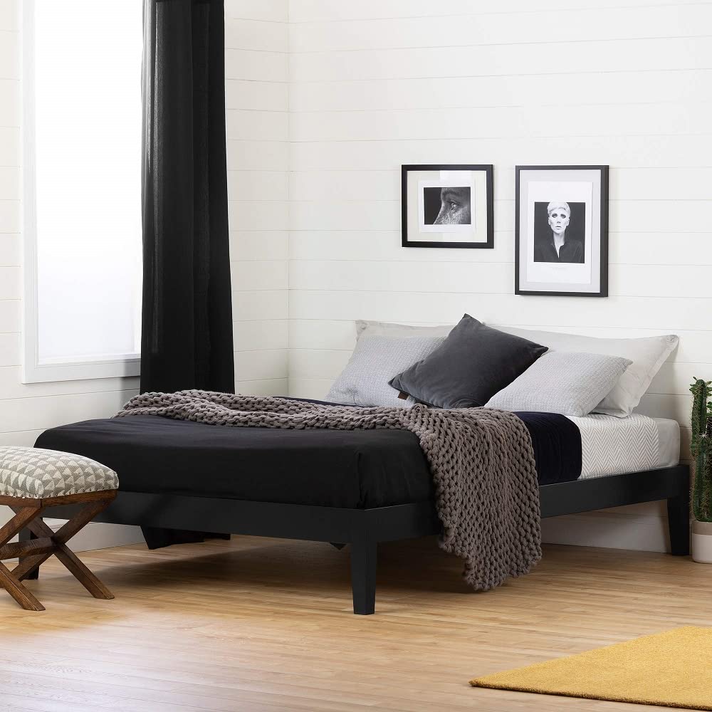 South Shore Vito Queen Size Platform Bed Frame in Pure Black - Modern Minimalist Bedroom Furniture for Small Spaces & Apartments