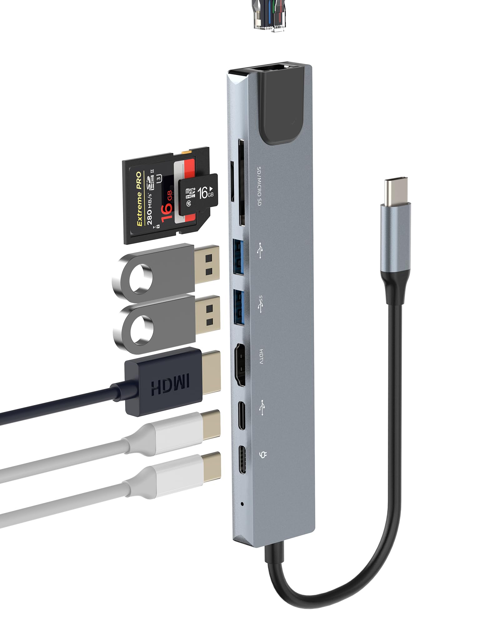 8-in-1 USB C Hub with HDMI, Ethernet, SD/TF Card Reader, USB-A Ports - Thunderbolt 3 Adapter for Laptop, Monitor & TV Display - Docking Station for Dell, HP, Surface Pro - Perfect for Home Office, Gaming & Video Conferencing