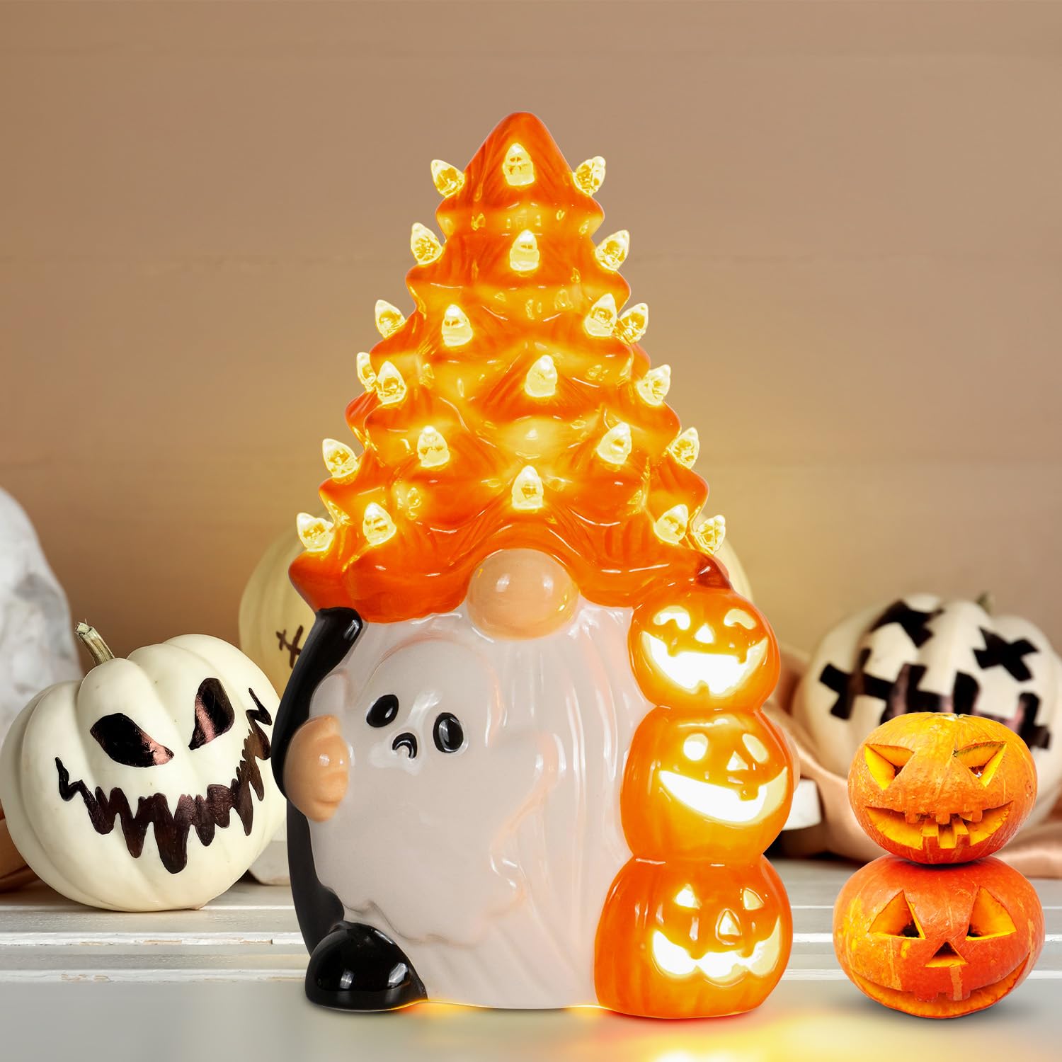 **Ceramic Gnome Halloween Decorations - Orange Pumpkin Gnome with LED Light, Black Table Centerpiece for Indoor Home & Bedroom Decor - Perfect for Halloween Parties, Fall Table Settings & Cozy Seasonal Displays**