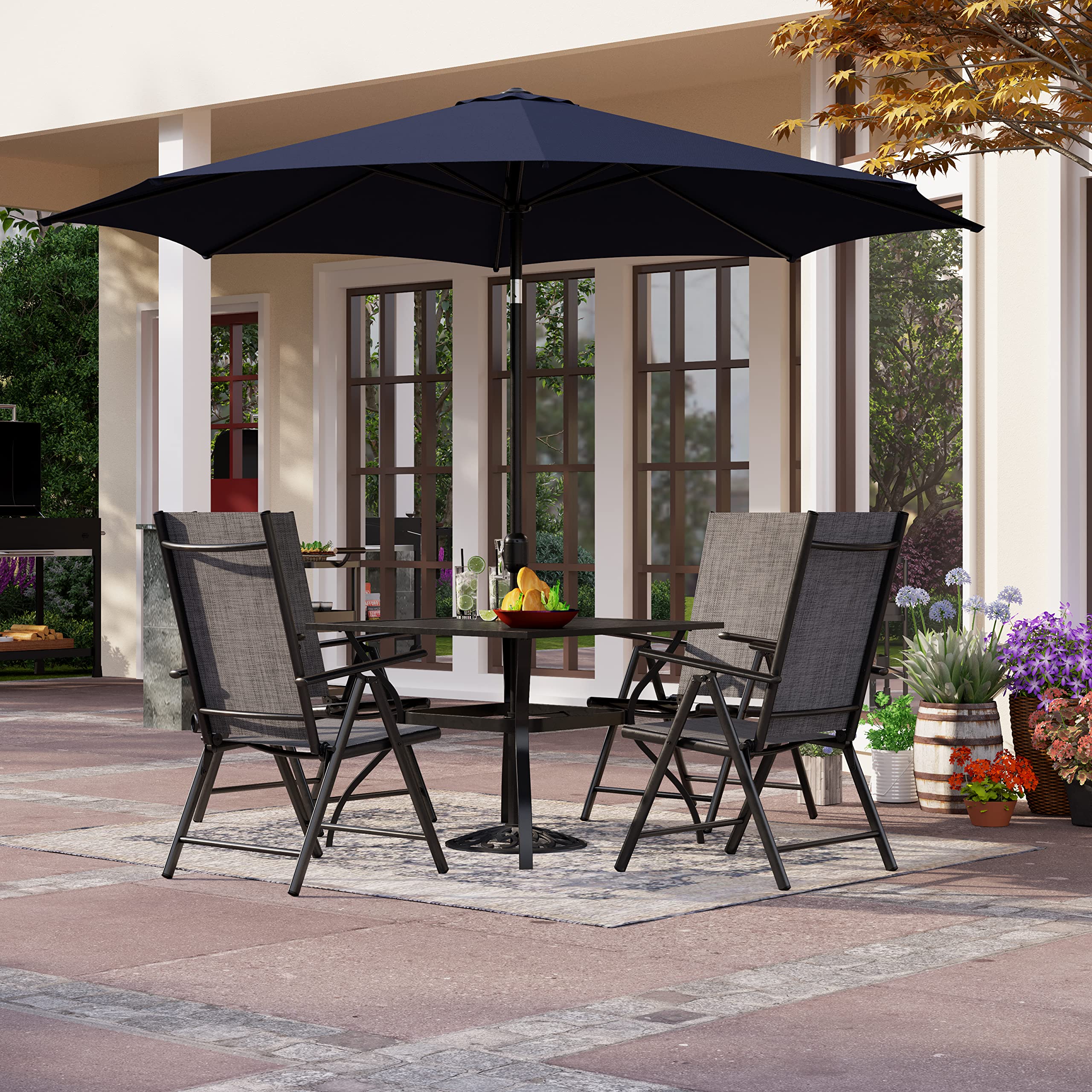 PHI VILLA 4-Piece Outdoor Patio Dining Set with Navy Blue Umbrella - 4 Reclining Folding Sling Chairs & Square Metal Table - Perfect for Backyard, Garden, Poolside & BBQ Parties