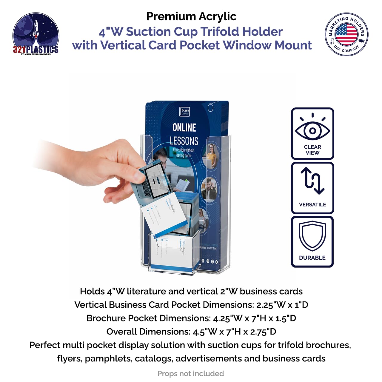 6 Pack Clear Acrylic Suction Cup Tri-Fold Holder with Card Slot - Holds 4