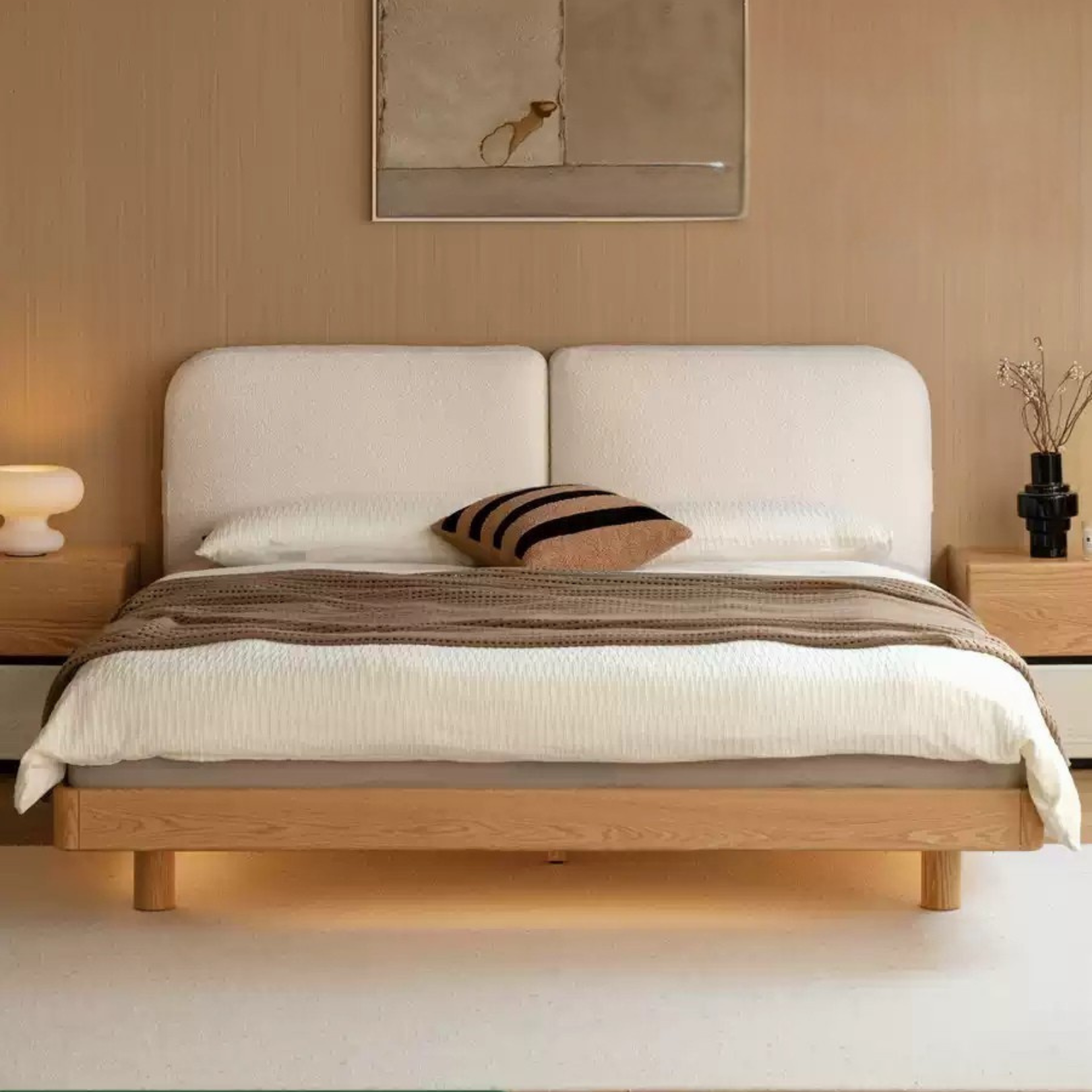 Premium Oak Solid Wood Lamb Fleece Soft Suspension Cream Bed - Cozy & Supportive Sleeping Solution for Modern Bedrooms, Guest Rooms & Nursery Decor
