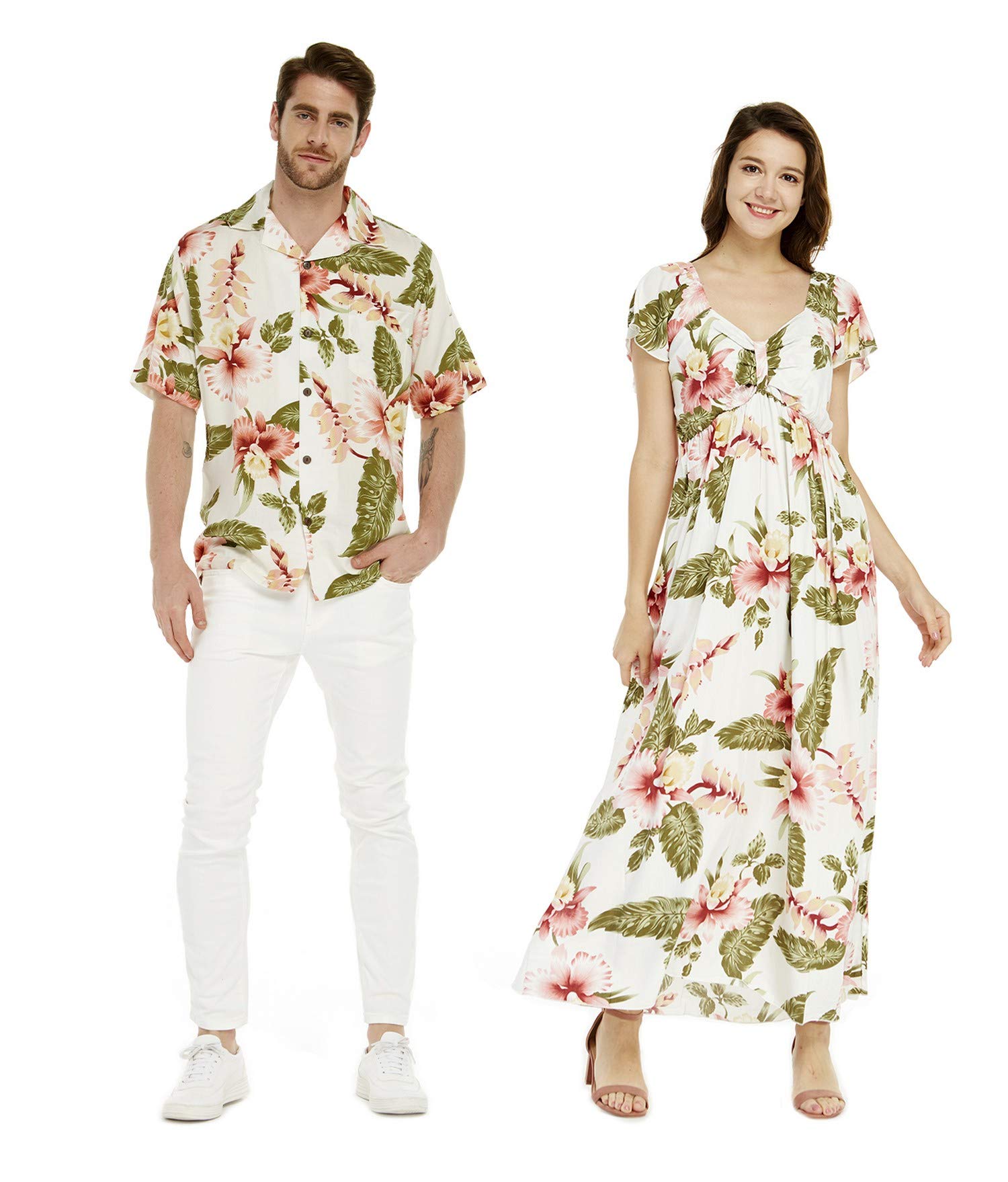 Floral Hawaiian Couple Matching Luau Aloha Shirt & Maxi Ruffle Sleeve Dress Set - Tropical Beach Vacation Outfits for Summer Parties, Honeymoon & Date Nights