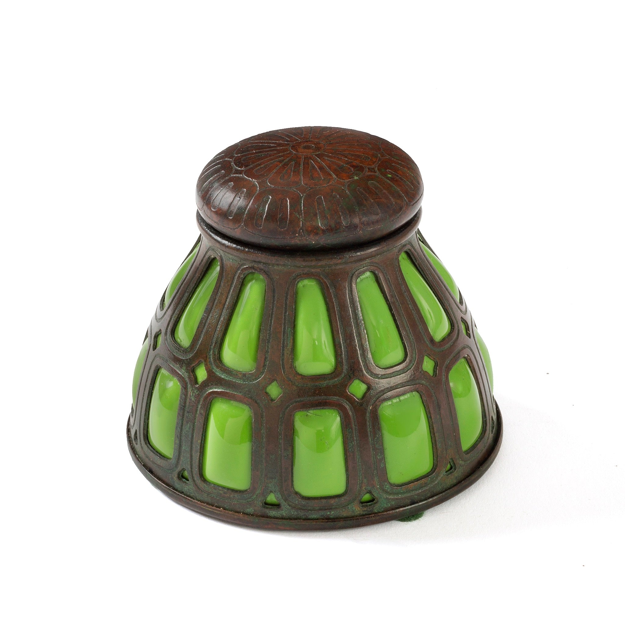 Tiffany Studios New York Vintage Bronze and Green Glass Inkwell - Antique Writing Desk Accessory for Collectors & Home Decor