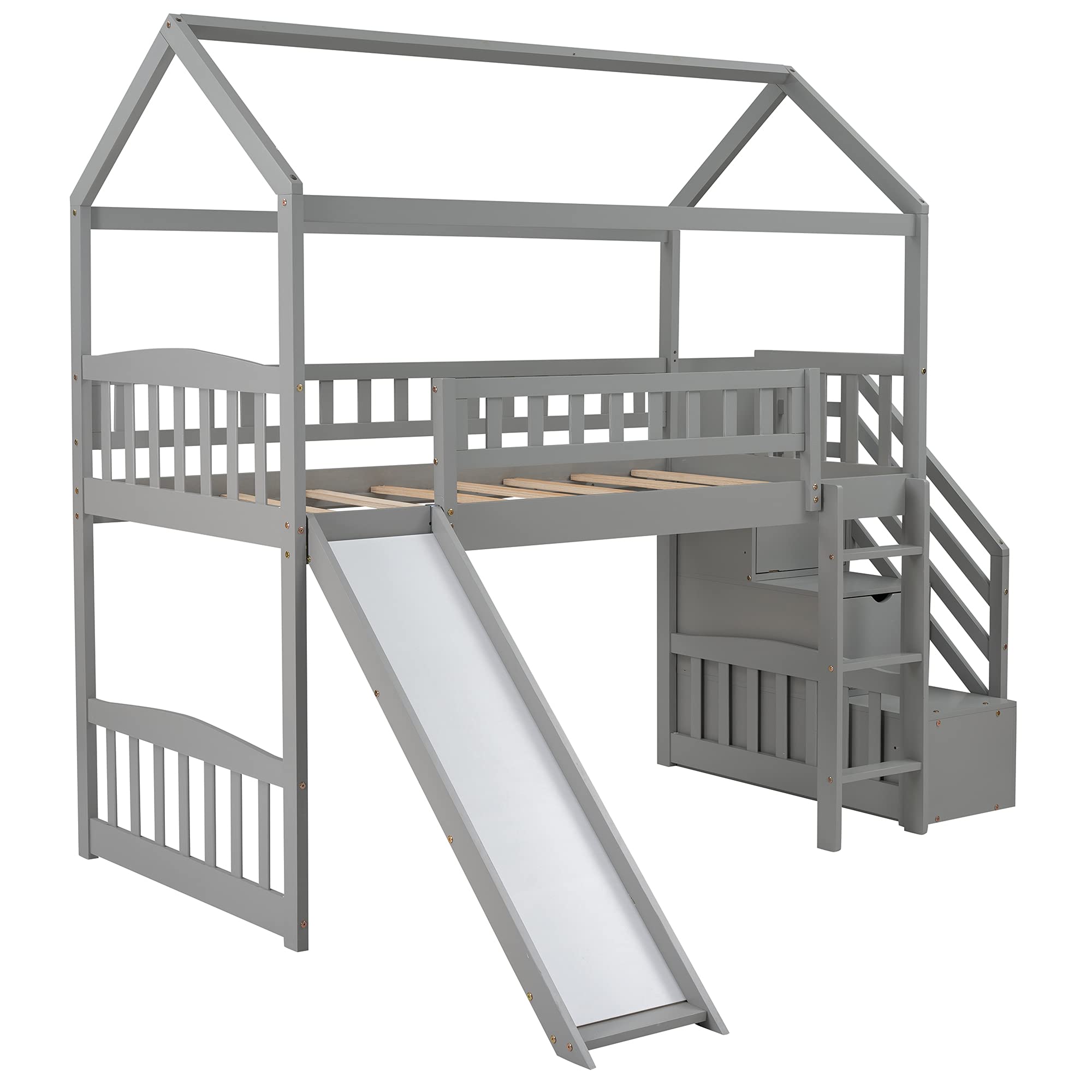 **Kids Twin Loft Bed with Slide & Storage - Solid Wood House Loft Bed with Pitched Roof, Guardrails, 3-Step Stairs, 2 Drawers (Gray & Wood) - Perfect for Small Bedrooms, Playrooms & Space-Saving Kids' Rooms**