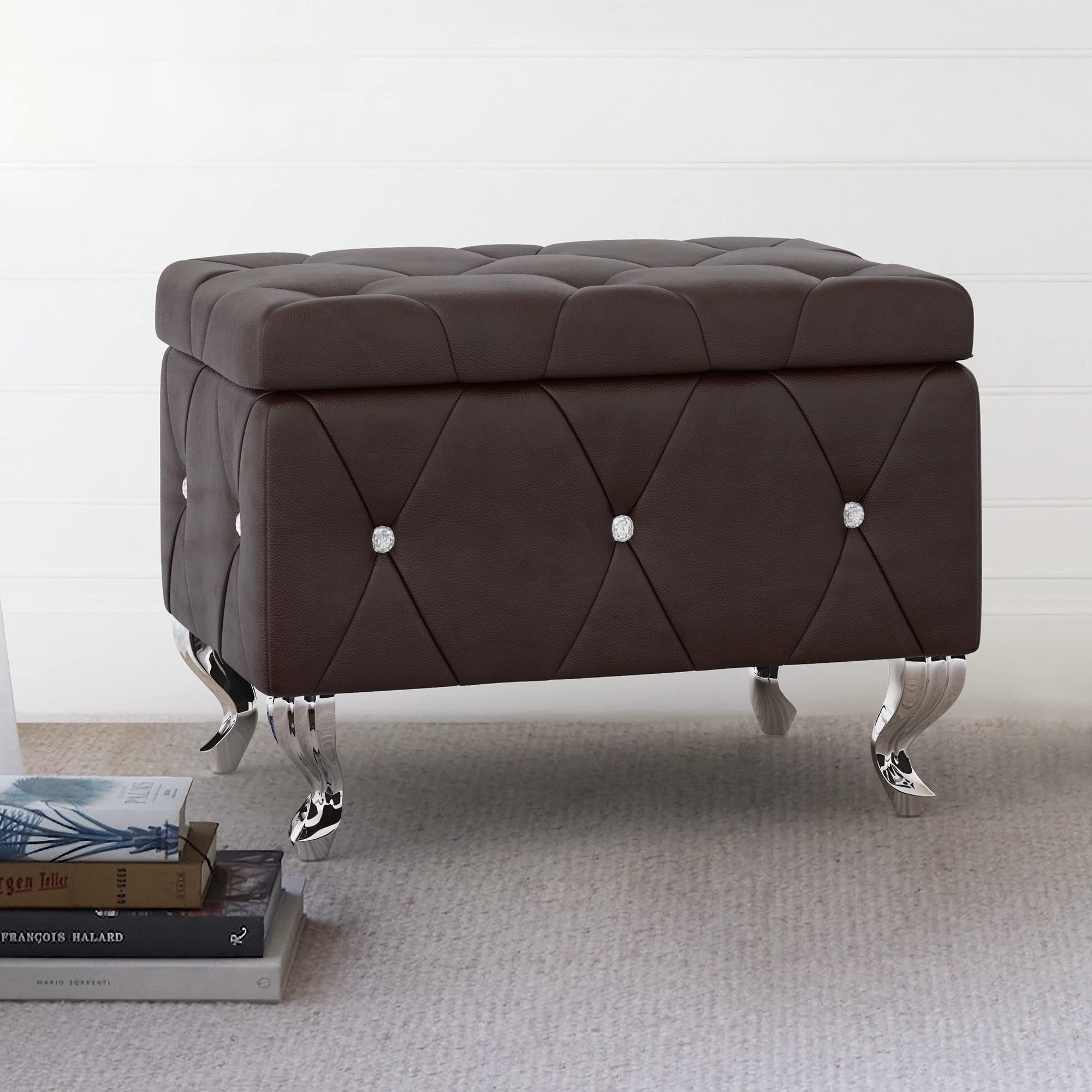 LUE BONA Brown Faux Leather Storage Ottoman Bench with Diamond Tufted Design - Upholstered Small Storage Seat for Living Room, Bedroom & Entryway | Perfect for Extra Seating, Blanket Storage & Home Organization
