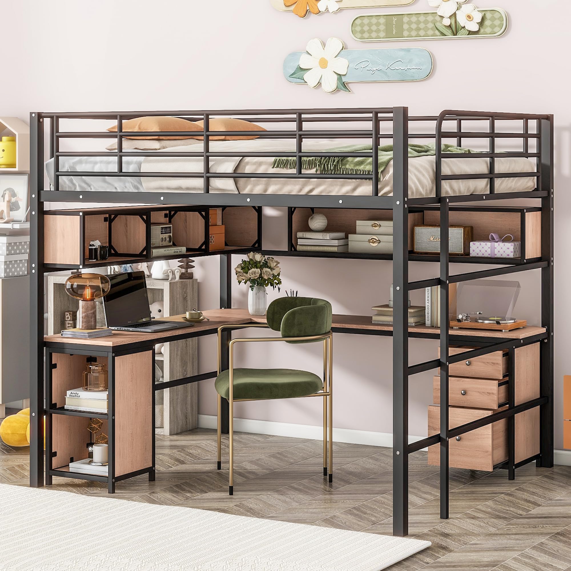 Full Size Loft Bed with Desk & Storage - Metal Bed Frame with Bookcase & Cabinet - Space Saving Black Loft Bed for Small Rooms, Dorm, Studio Apartments & Kids Bedroom