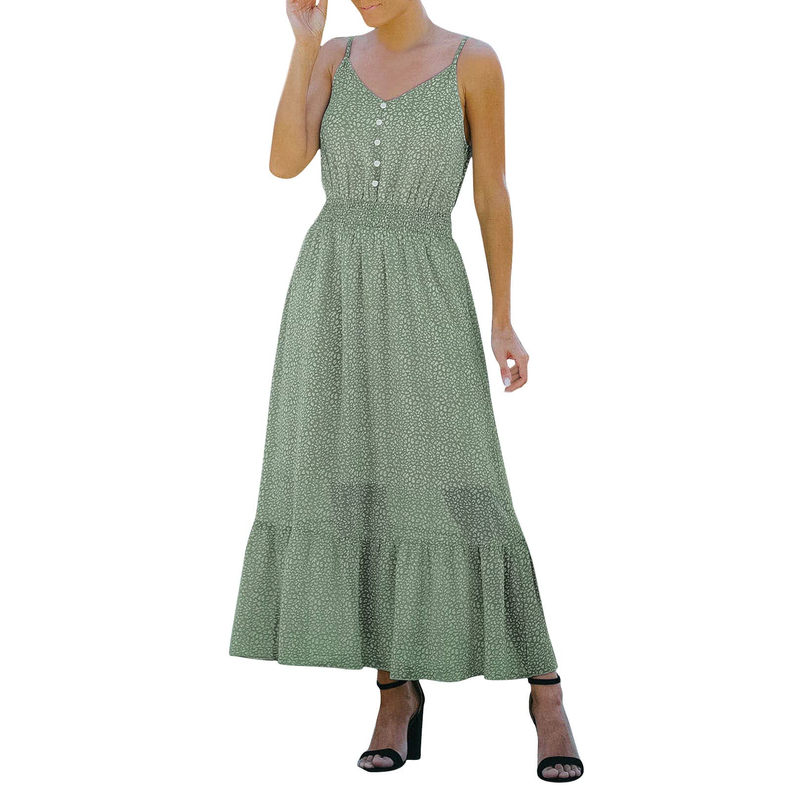 MAYW Women's Summer Casual V-Neck Sleeveless Leopard Print Dress with Suspenders & Ruffles - Perfect for Beach Vacations, Date Nights & Summer Parties
