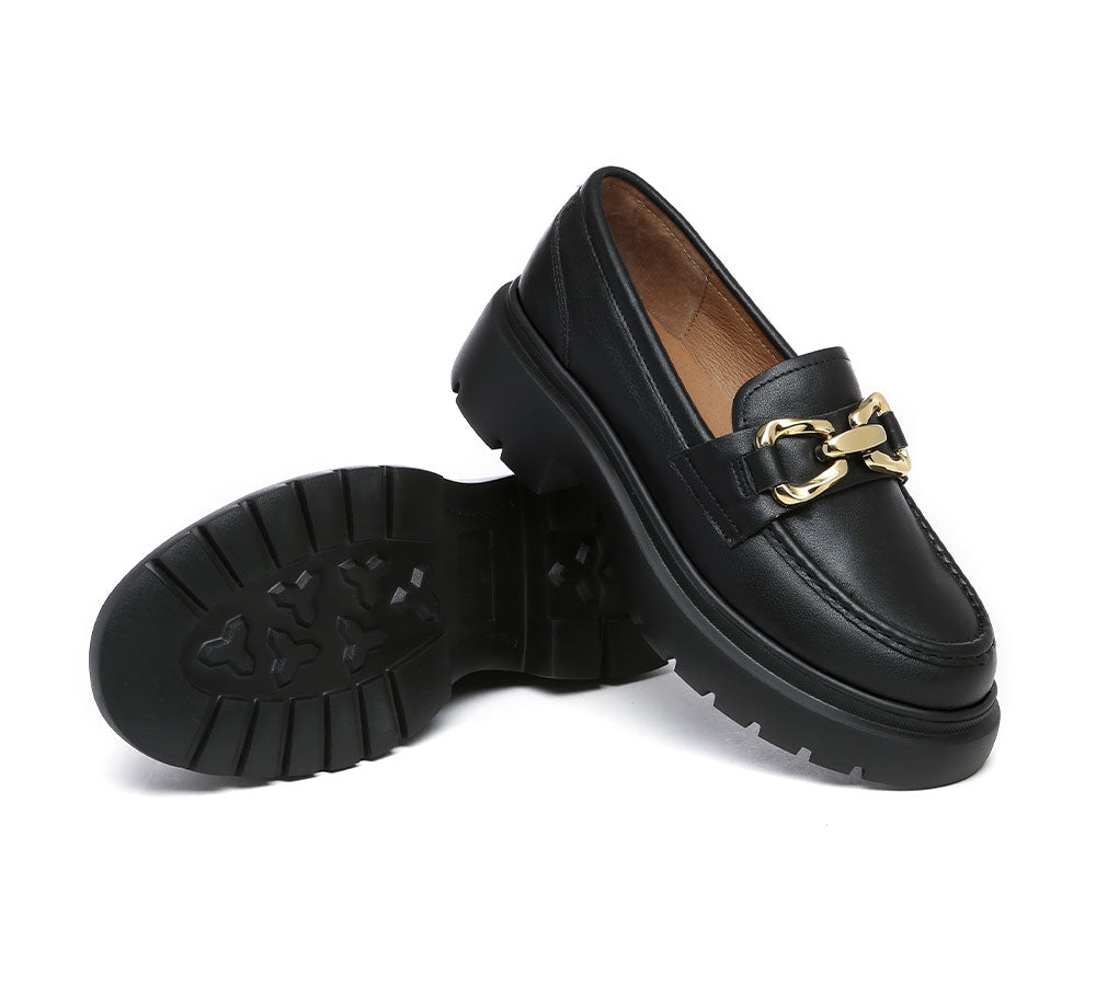 EVERAU® Women's Leather Loafers with Gold Buckle - Chunky Platform Slip-On Shoes for Women | Comfortable Casual & Office Wear