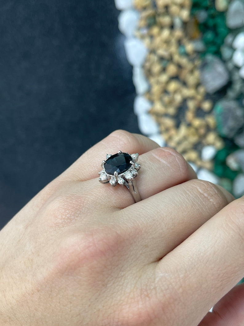 4.11tcw 18K White Gold Natural Oval Cut Dark Blue Sapphire & Diamond Halo Engagement Ring for Women - Perfect for Proposals, Anniversaries, and Special Occasions