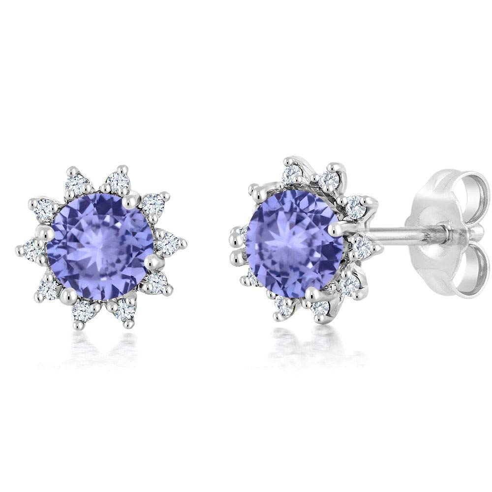 Gem Stone King 18K White Gold Gemstone Birthstone & Diamond Stud Earrings for Women | Elegant Halo Design | Perfect for Weddings, Anniversaries & Special Occasions