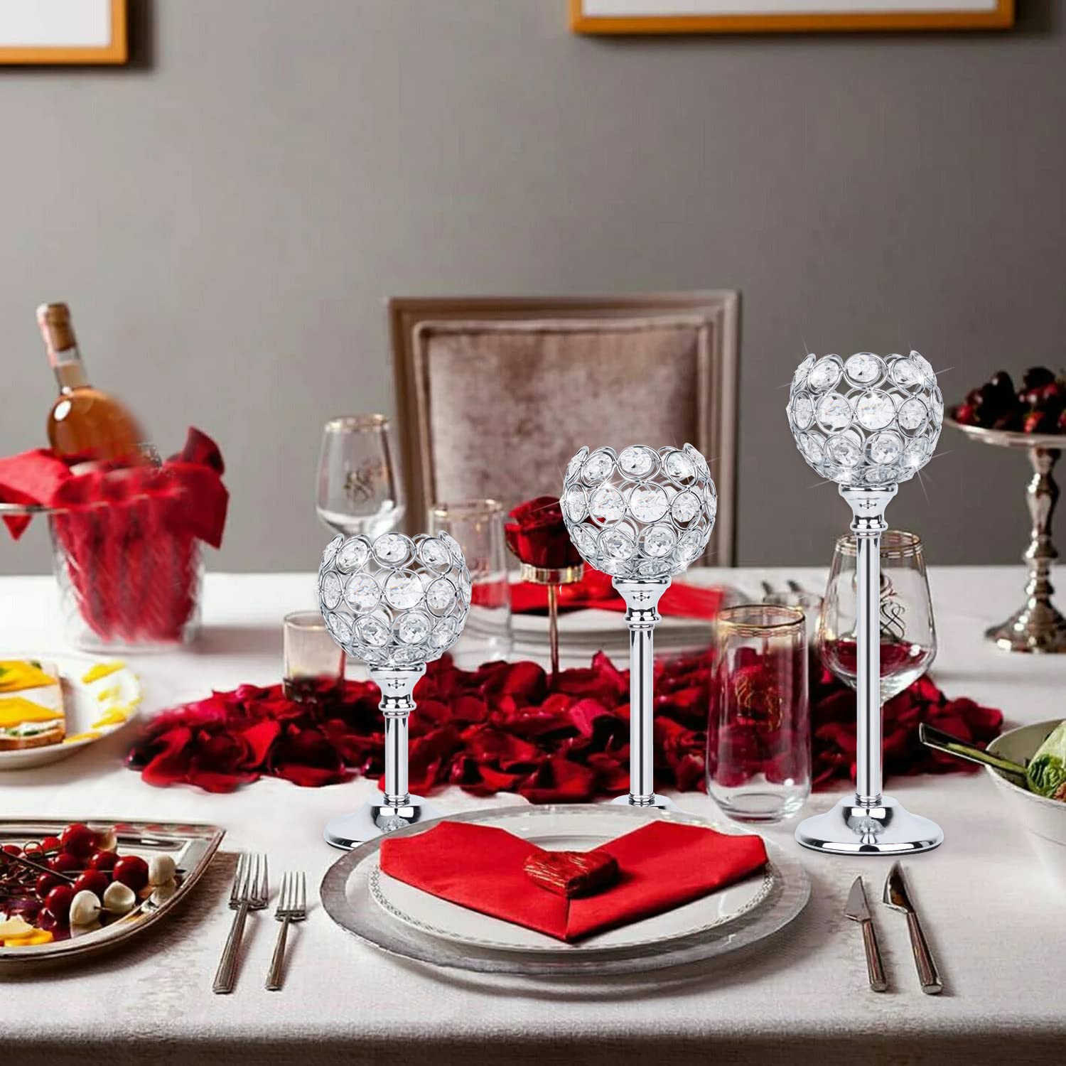 Elegant Silver Crystal Candle Holders Set of 3 - Candelabra for Wedding Decor, Dining Table Centerpiece, Bridal Shower & Coffee Table Decoration - Perfect for Romantic Dinners, Home Decor & Special Occasions