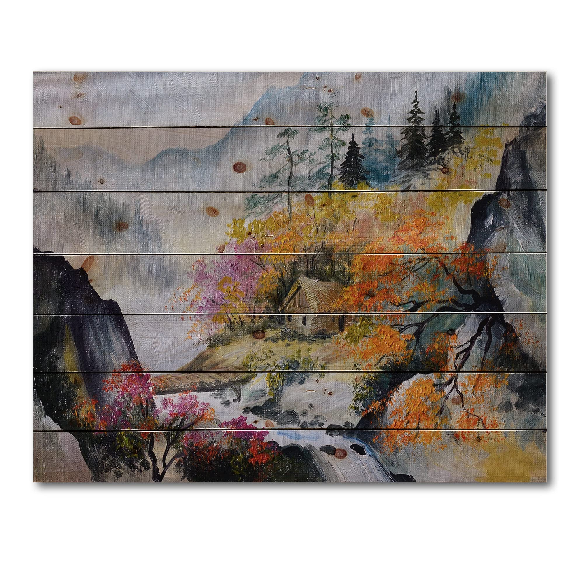 DesignQ Little House in Vibrant Mountain Landscape - Traditional Wood Wall Art Decor - Orange Wood Panel Print on Natural Pine - Large Landscape Wall Hanging for Living Room, Bedroom & Office Decor