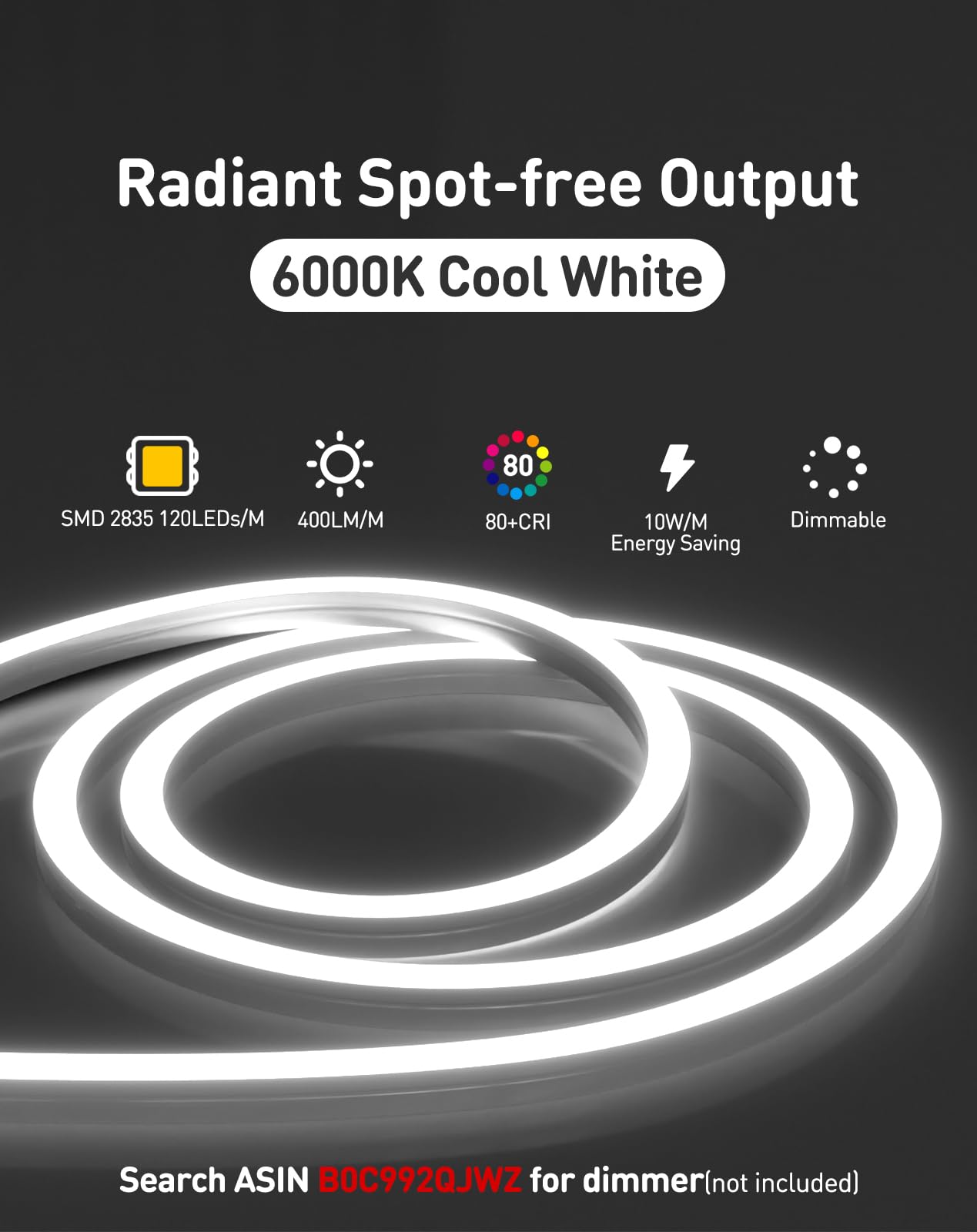 Shine Decor 3D LED Neon Rope Lights - 65.6ft Cool White (6000K) Dotless Flexible Strip - 400LM Driverless IP65 Waterproof & Cold-Resistant - ETL Certified for Indoor/Outdoor Home & Commercial Decor - Perfect for Bedrooms, Bars, Weddings & Signage