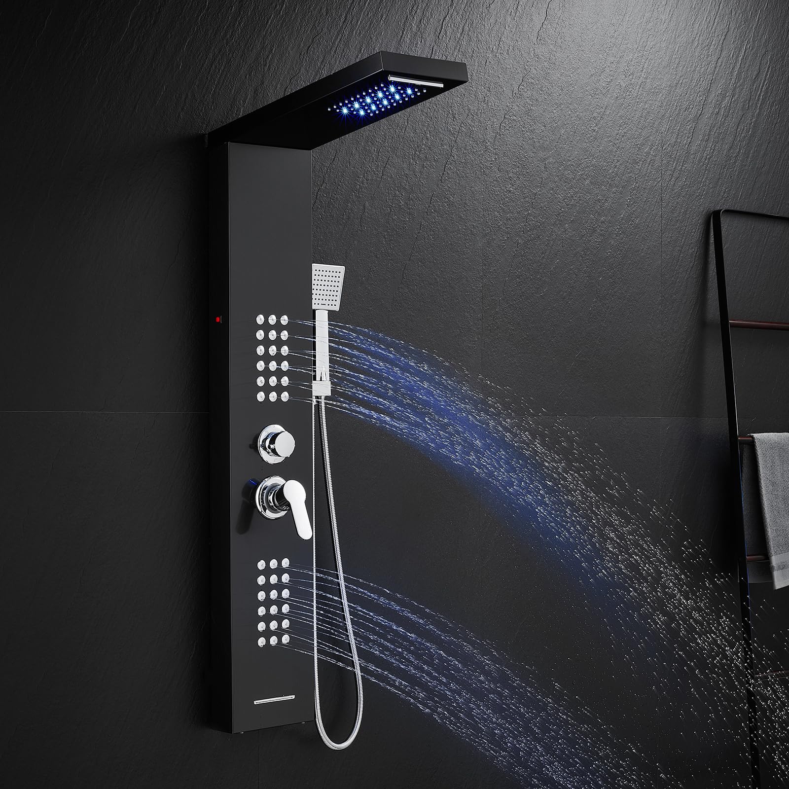 ROVATE 5-in-1 Stainless Steel LED Shower Panel Tower System - Rainfall Waterfall Shower Head with Massage Jets & Handheld Sprayer, High Pressure Shower Tower with Tub Spout (Black) - Perfect for Modern Bathroom Renovation & Spa-Like Shower Experience