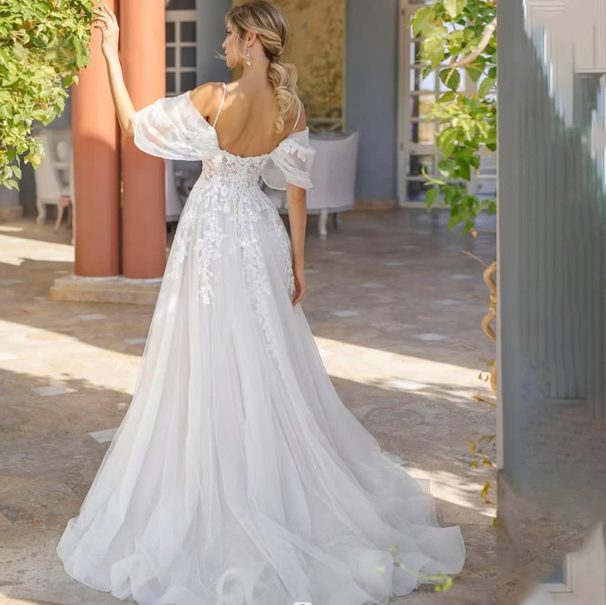 Elegant Off-Shoulder Long Lace Tulle Beach Wedding Dress with Slit & Sweep Train – Perfect for Beach Brides, Destination Weddings & Romantic Photoshoots