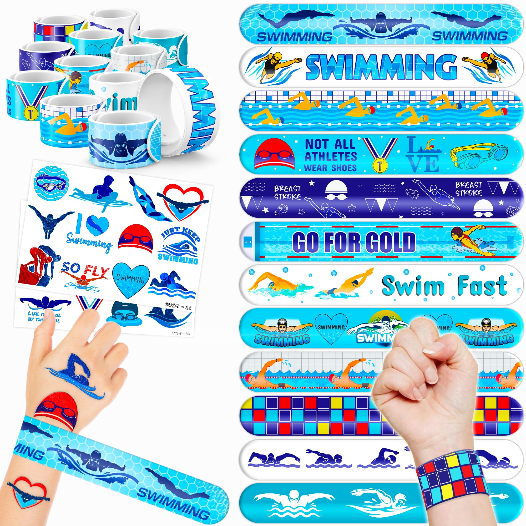48PCS Waterproof Temporary Tattoos & Slap Bracelets Set - Fun Swimming Party Supplies for Kids, Perfect for Pool Parties, Birthday Gifts, Baby Showers & Classroom Rewards (24 Tattoos + 24 Bracelets) - Great Decorations for Boys and Girls