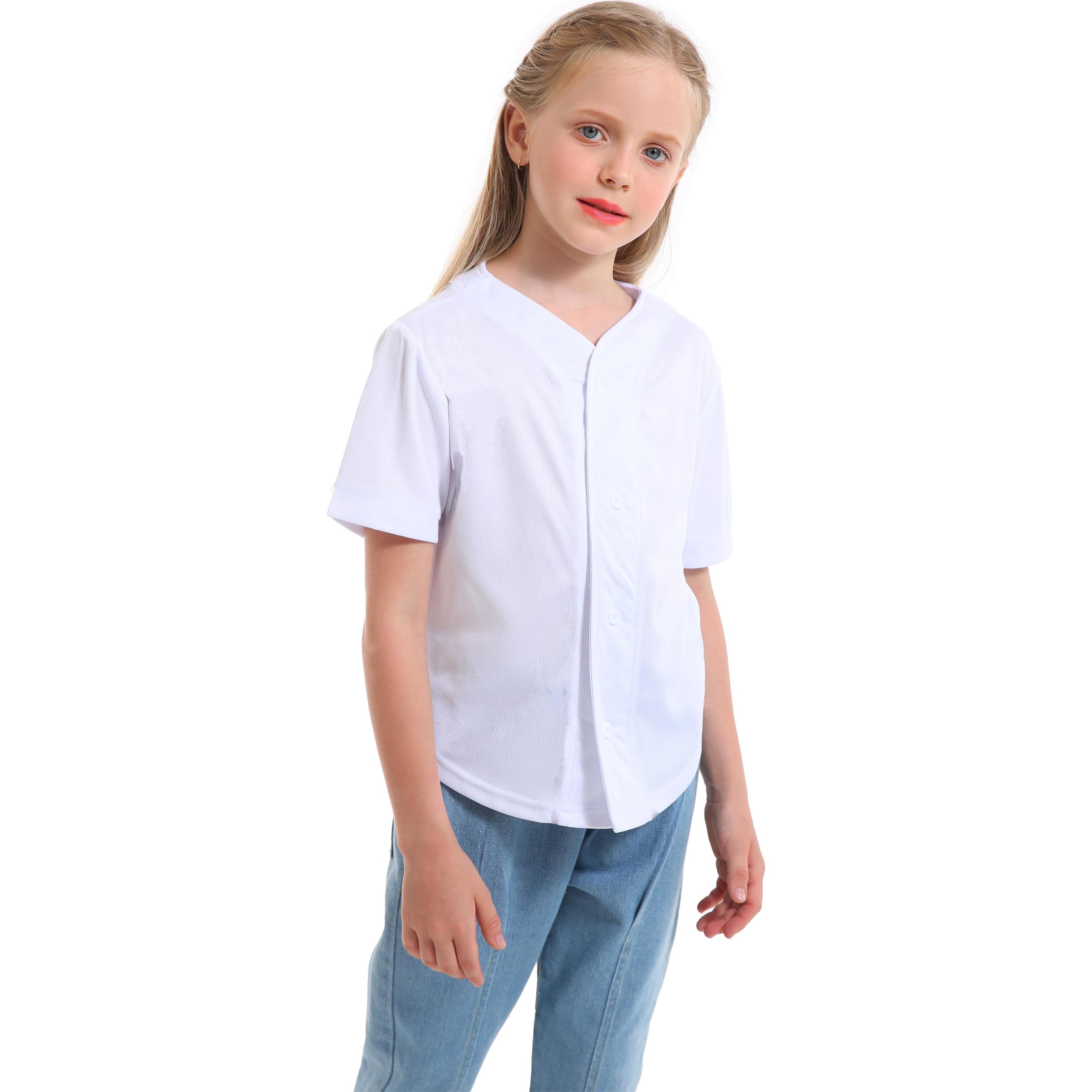 Boys & Girls Baseball Jersey - White Short Sleeve Button-Up Hip Hop T-Shirt for Kids | Youth Sports Uniform, Casual Streetwear & Team Outfits