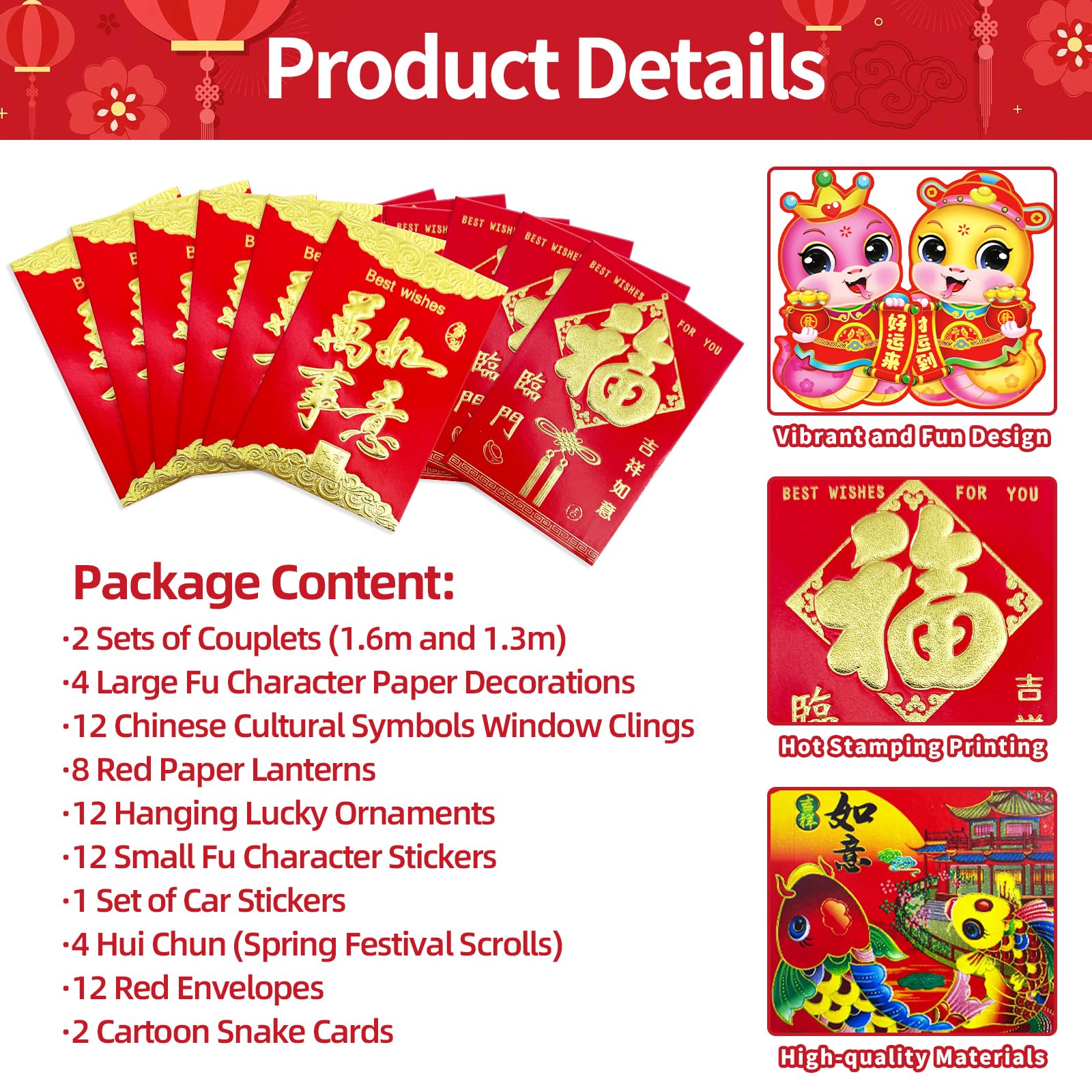 74 Pcs Chinese New Year Decorations Kit 2025 - Red Paper Lanterns, Fu Window Stickers, Spring Festival Couplets, Lucky Red Envelopes & Hanging Ornaments - Perfect for Lunar New Year Party, Home & Office Decoration