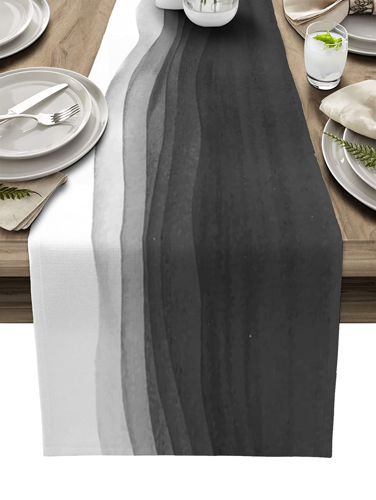 Burlap Linen Table Runner 36 Inch - Black White Watercolor Ombre Ocean Wave Design for Farmhouse Kitchen, Dining Table, Coffee Table, Dresser - Perfect for Wedding, Party, Banquet & Home Decor