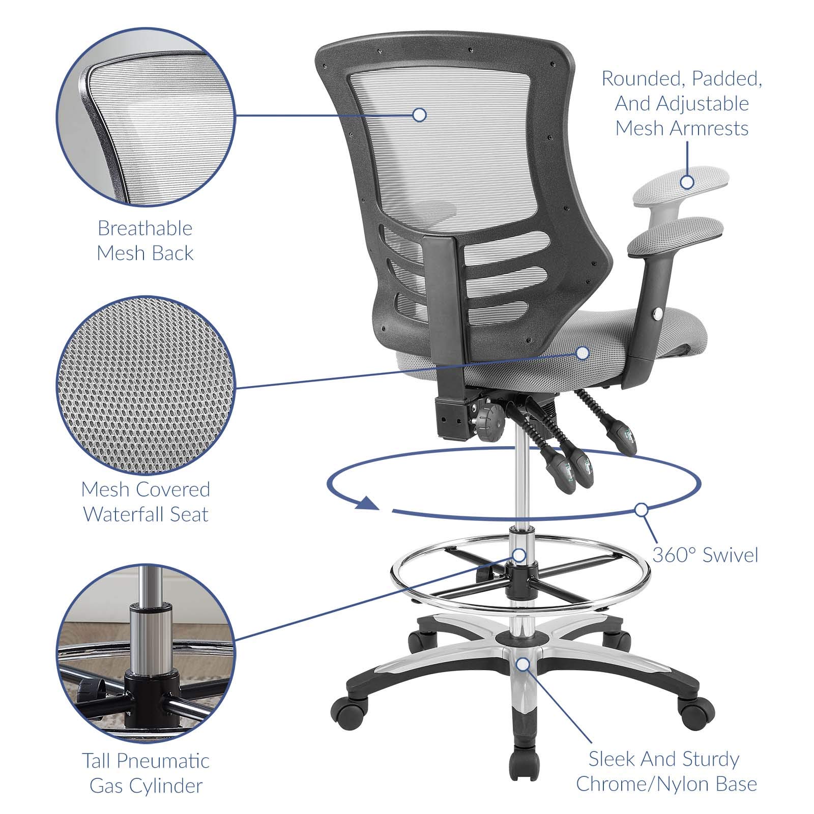 Modway Calibrate Mesh Drafting Chair - Ergonomic Adjustable Height Office Chair for Reception & Desk Work - Gray Mesh Back Support - Perfect for Architects, Designers & Long Hours Sitting