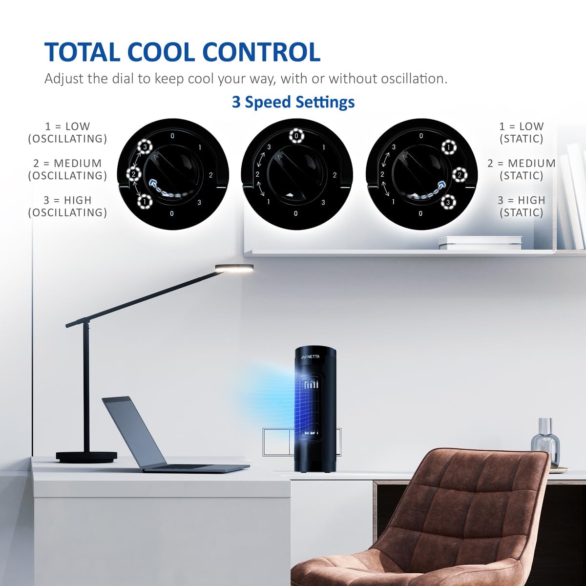 NETTA 14 Inch Oscillating Tower Fan - 3 Speed Settings, Ultra Quiet Operation, 65° Wide Angle Cooling, Compact Space Saving Design for Home, Office & Bedroom Use - Perfect for Summer Cooling, Nighttime Sleep & Workspace Comfort - Black