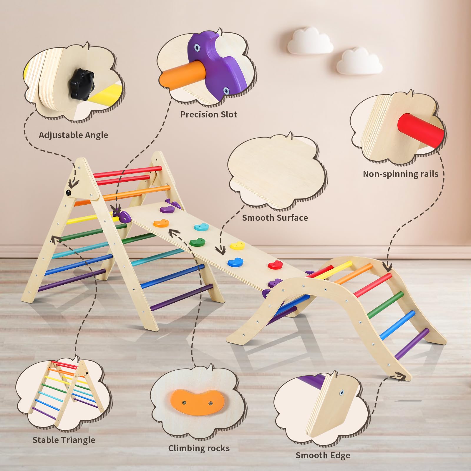 **Pikler Triangle Set Climber 5-in-1 - Foldable Wooden Montessori Climbing Toy for Toddlers 2-6 Years - Indoor Play Gym with Ramp, Arch, Mat & Climbing Tripod - Perfect for Home, Daycare & Montessori Classrooms**