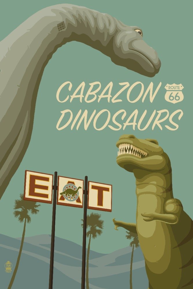 Vintage Cabazon Dinosaurs Route 66 California Roadside Attraction - Signed 24x36 Art Print Wall Decor Poster for Retro Home & Office Decor | Perfect for Americana Enthusiasts & Travel Memorabilia Collectors