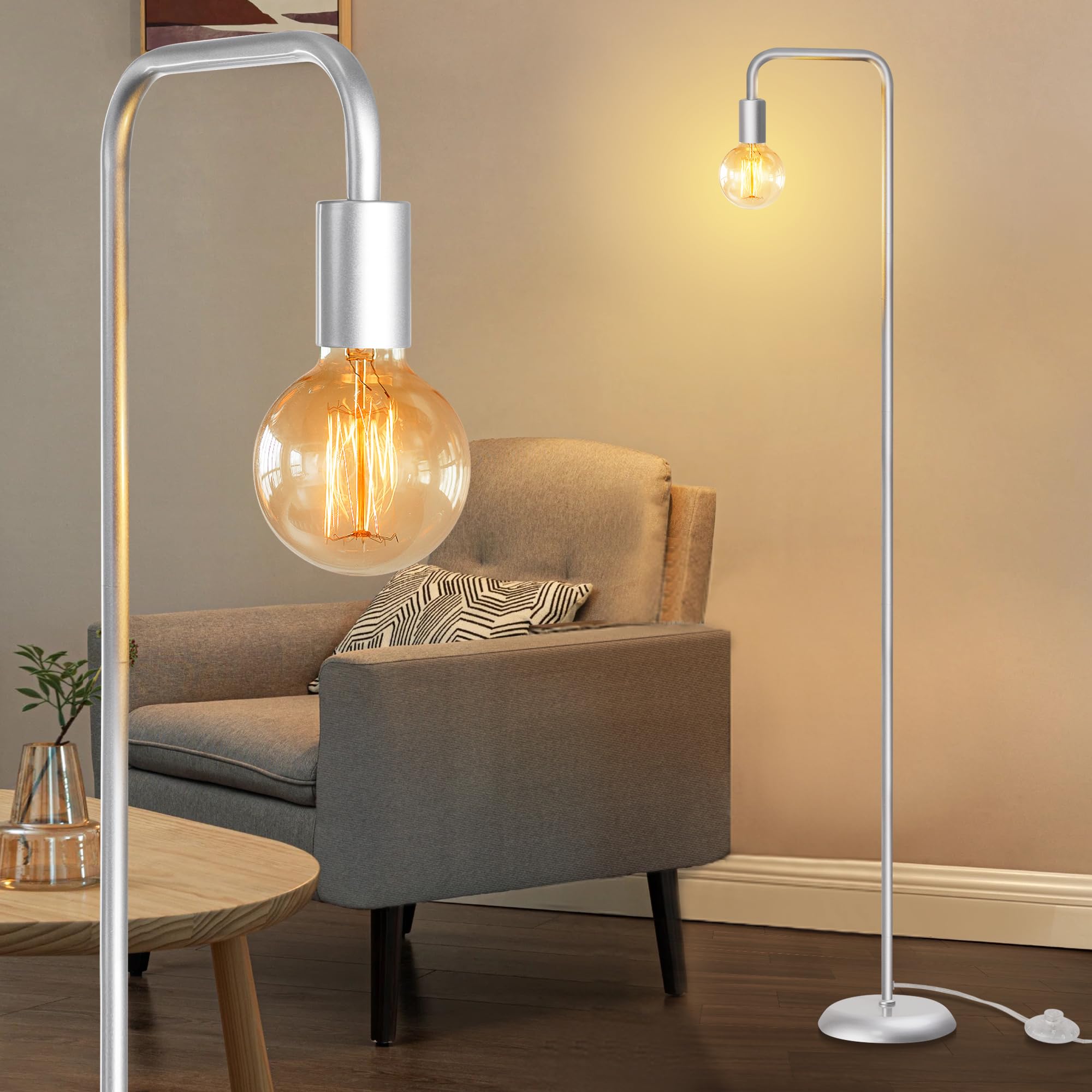 Modern Industrial Floor Lamp - Farmhouse Metal Standing Light for Living Room, Bedroom & Office - Minimalist Tall Lamp with E26 Socket & Foot Switch - Home Decor Lighting (Silver) - Perfect for Reading, Working & Creating a Cozy Ambiance