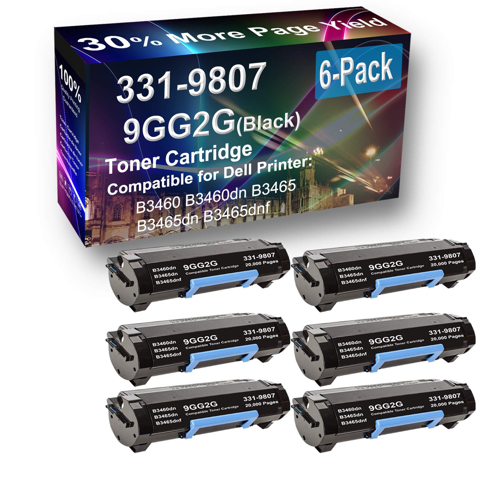 6-Pack High Capacity Dell 331-9807 (9GG2G) Compatible Toner Cartridges for Dell B3465 B3465dn Printers - Black Ink Replacement for Office & Home Printing Needs