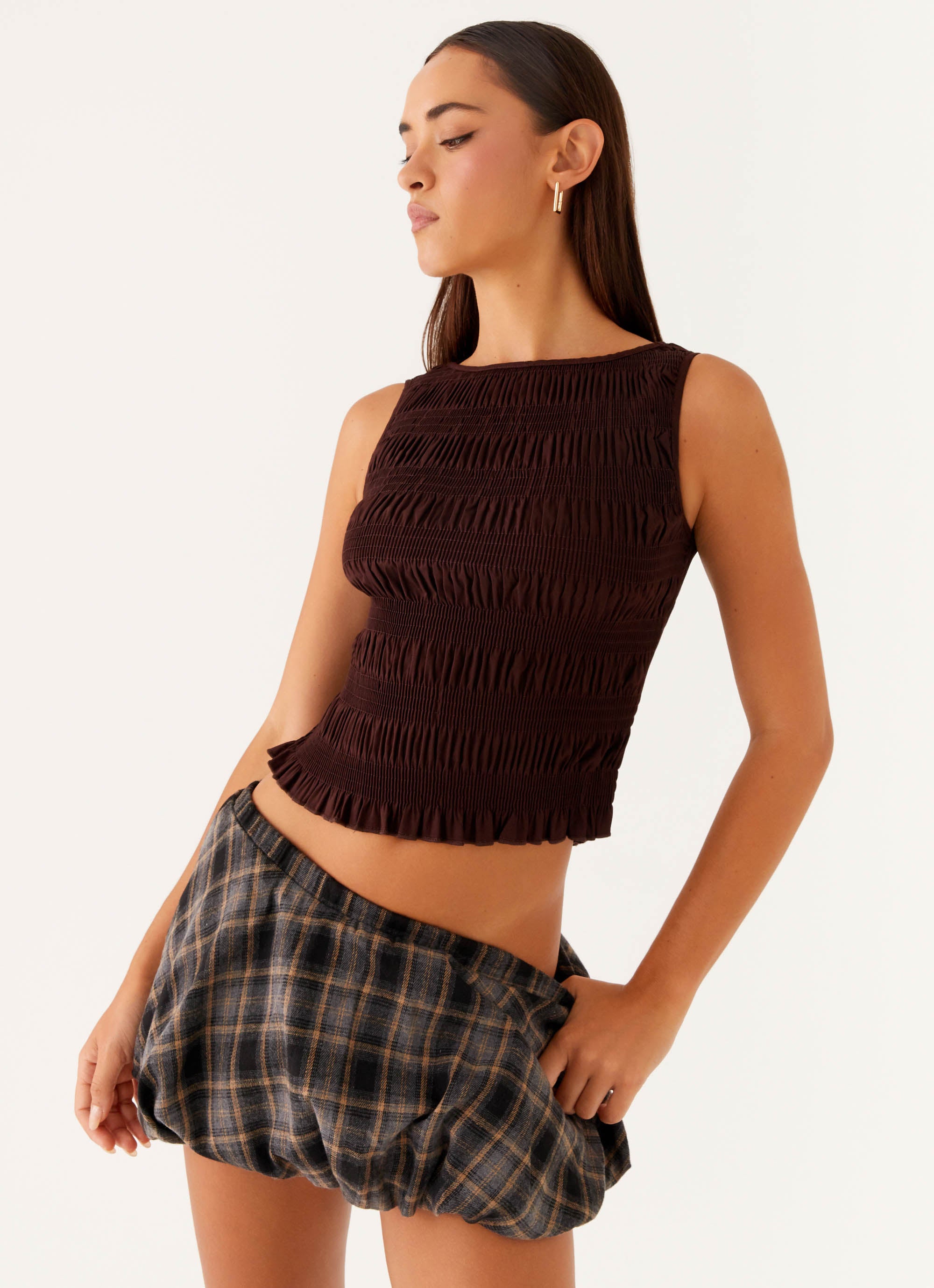 Garden Kisses Shirred Top - Women's Casual Boho Blouse in Brown | Perfect for Summer Outfits, Beach Vacations & Date Nights