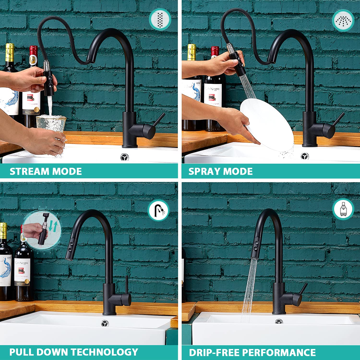 Black Kitchen Faucet with Pull Down Sprayer - Single Handle Pull Out Sink Faucet for RV, Farmhouse & Commercial Use | Durable & Stylish for Home, Restaurant & Outdoor Kitchens