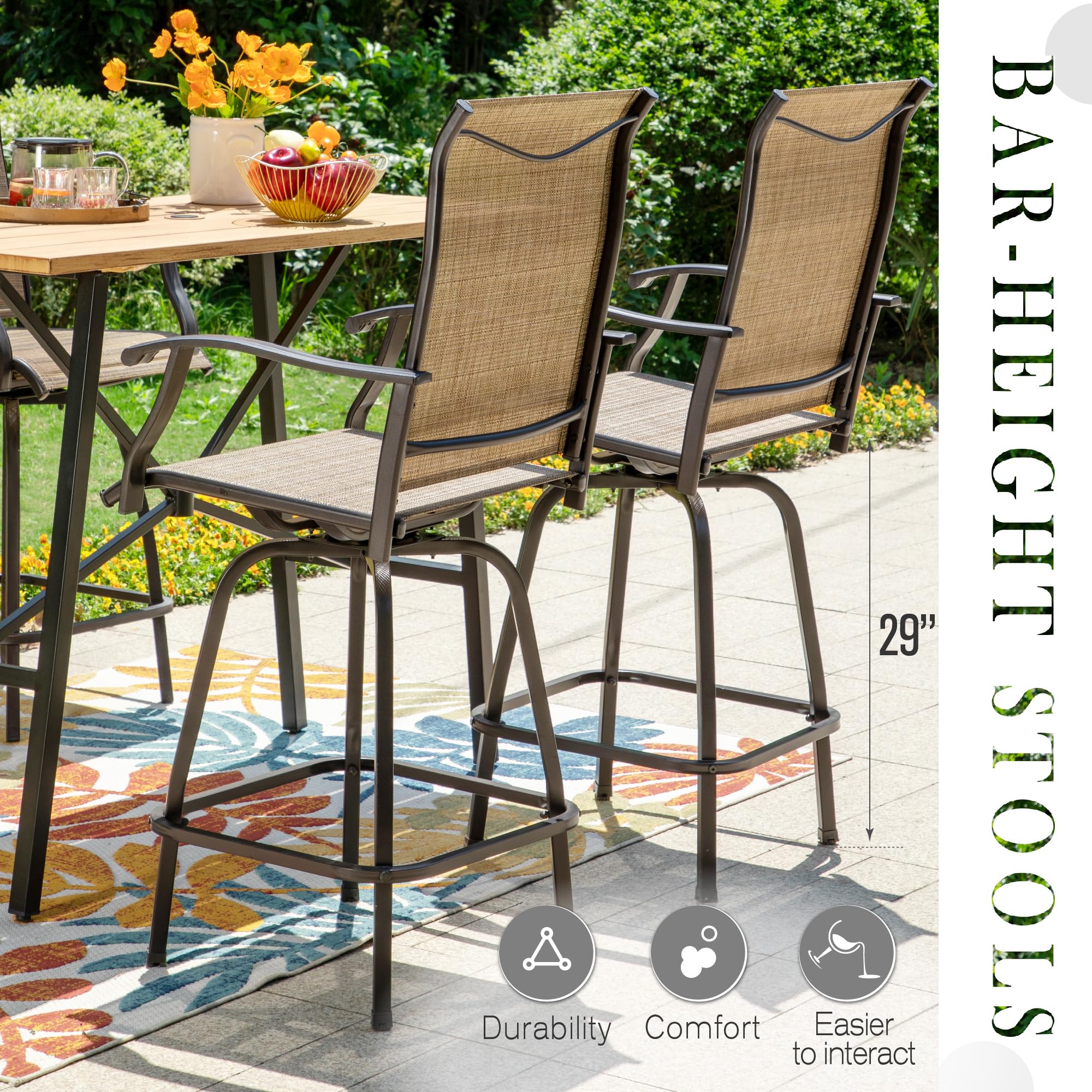 Sophia & William Outdoor Bar Set - 6 Swivel Bar Chairs & Rectangular Bar Table for Patio, Deck or Backyard | Brown Chairs & Black Table | Perfect for Entertaining, BBQs & Outdoor Dining