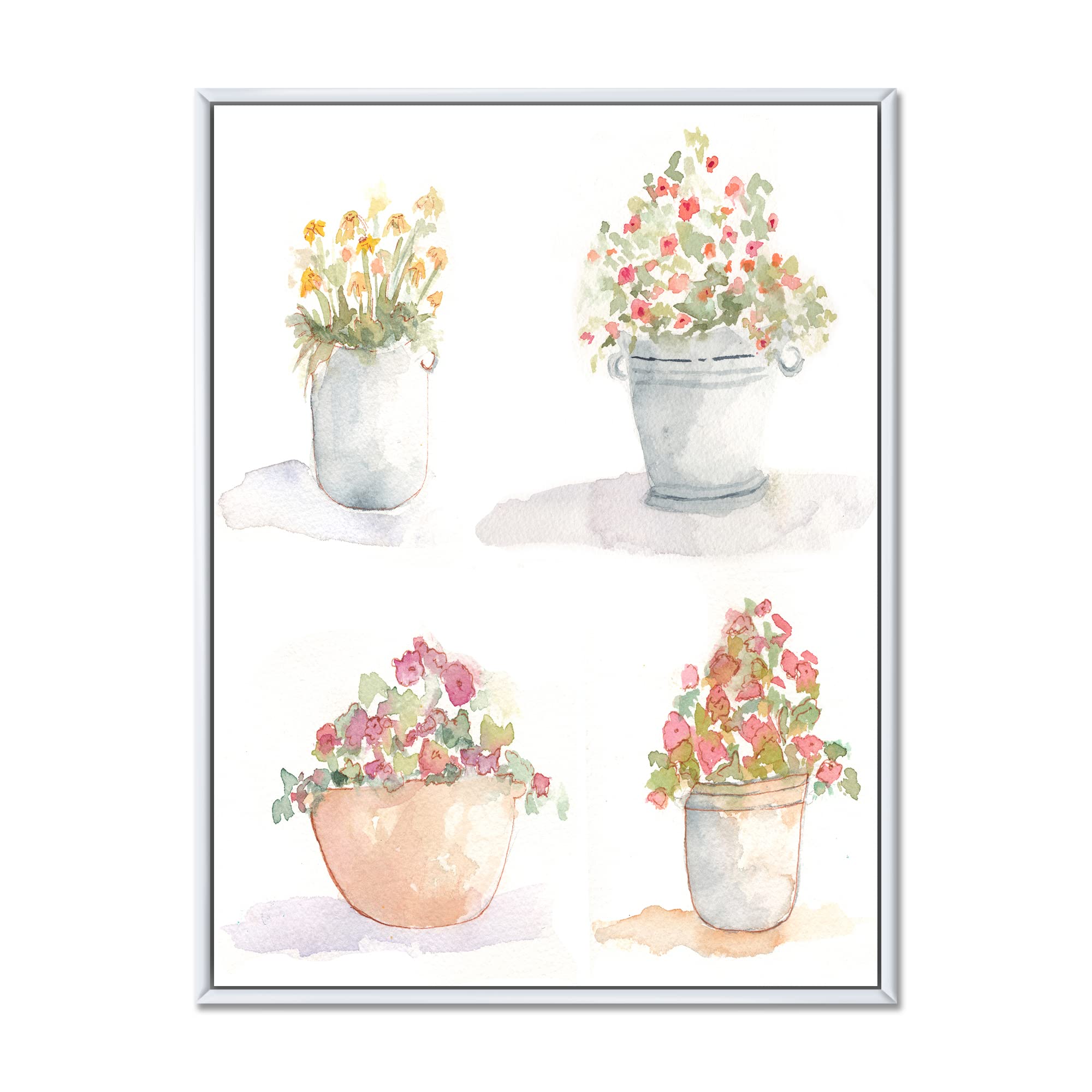 DesignQ Set of 4 Outdoor Flower Pots - Traditional Framed Canvas Wall Art Prints for Garden, Patio & Home Decor