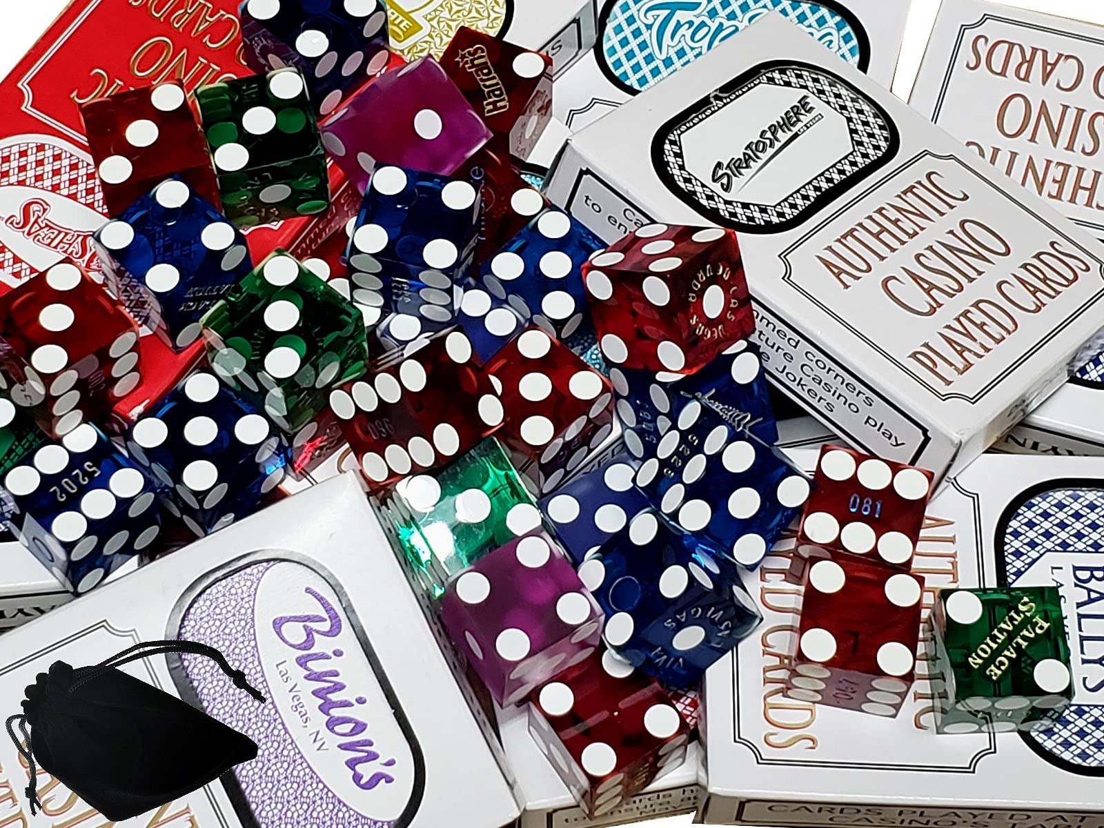 Premium Las Vegas Casino Playing Cards & Nevada Casino Craps Dice Set - 5pc Bundle with 2 Decks, 2 Dice Pairs & Black Velvet Pouch - Perfect for Poker Nights, Gambling Parties, Casino Themed Events and Game Collections