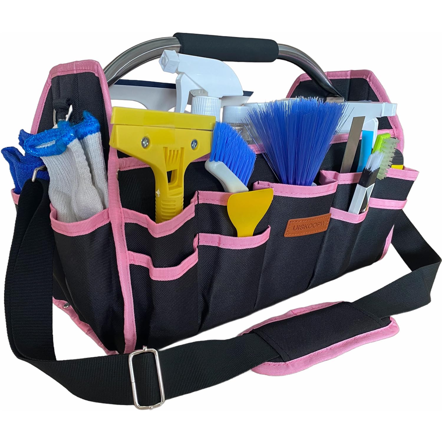 Pink Cleaning Caddy Organizer with Handle - Portable Storage for Cleaning Supplies, Housekeeping & Car Detailing - Durable Cleaning Caddy Bag for Home, Office & Travel (Pink Trim)