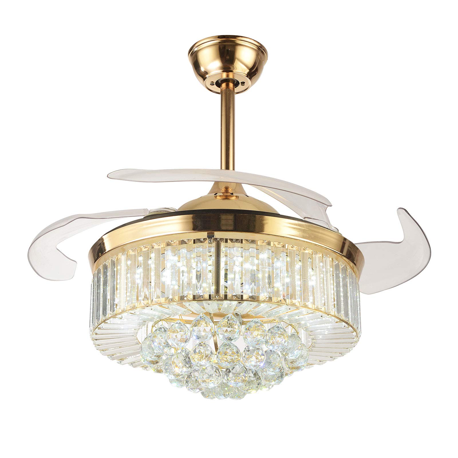 TFCFL 36 Inch Crystal Ceiling Fan with LED Light & Retractable Blades - Rose Gold Smart Chandelier Fan with Adjustable Brightness, Downrod Mount for Bedroom, Kitchen, Living Room & Indoor Spaces
