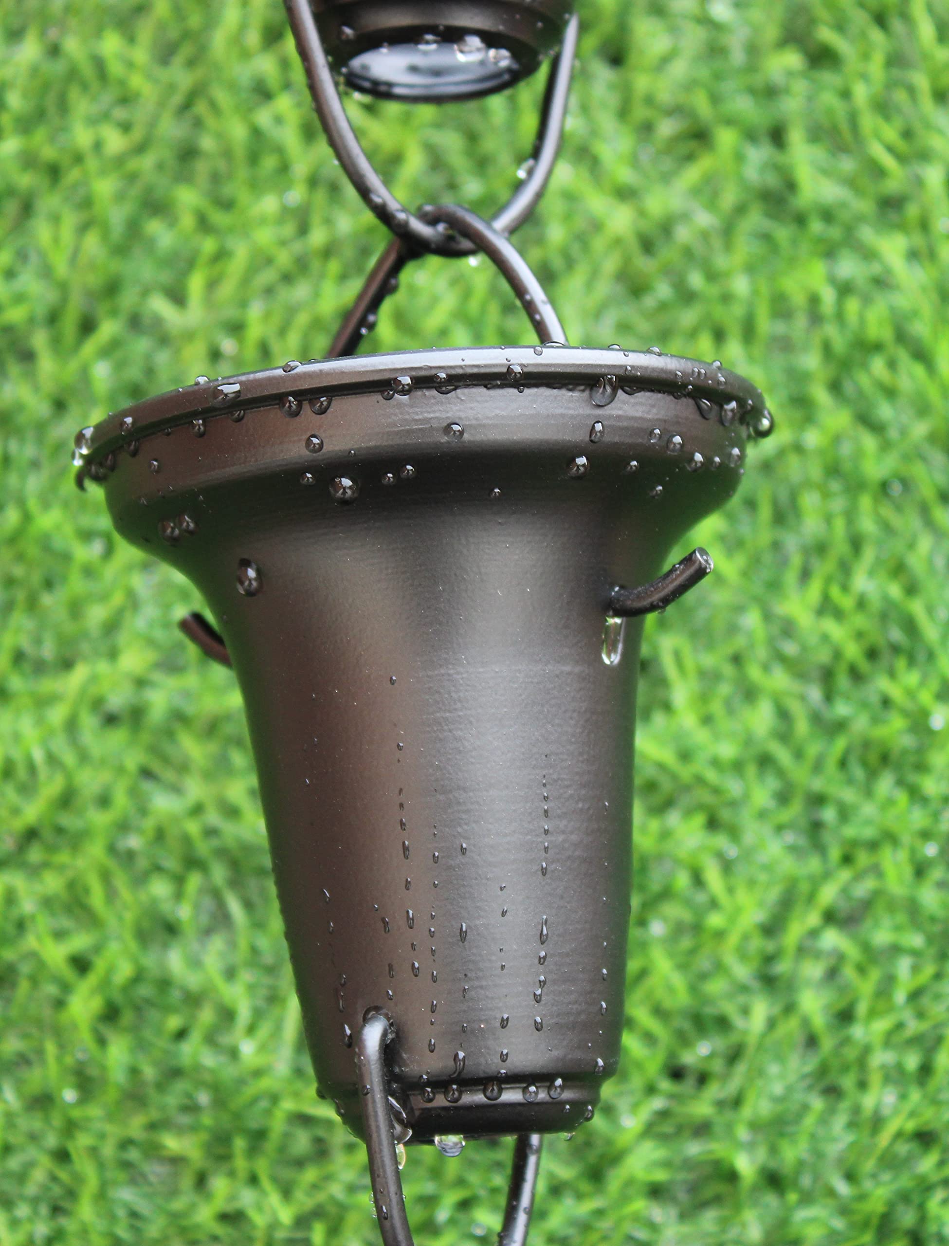 KAM Home Flared Cups Rain Chain with Brass Bolt Gutter Adapter - Black (15 Pack) - Easy Rainwater Drainage Solution for Roof Gutters & Garden Decor